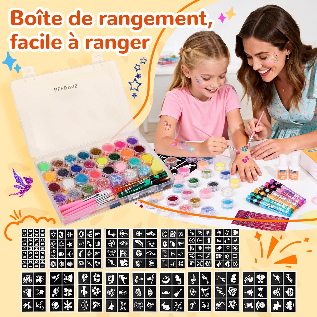 Bledras Kit Tatouage Paillettes Enfant Filles, 31 Couleurs de Paillettes Tatouage Ephemere, 6 Stylos à Paillettes, 178 Pochoirs, Tatouage Enfant pour Carnaval, Noël, Maquillage de fête Masquée