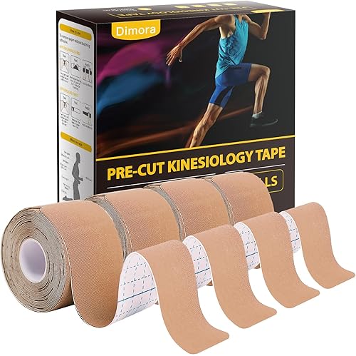 Dimora Kinesiology Tape - 4 rollos de cinta atlética de algodón elástico, 65.6 pies, 80 tiras precortadas en total, cinta adhesiva deportiva de