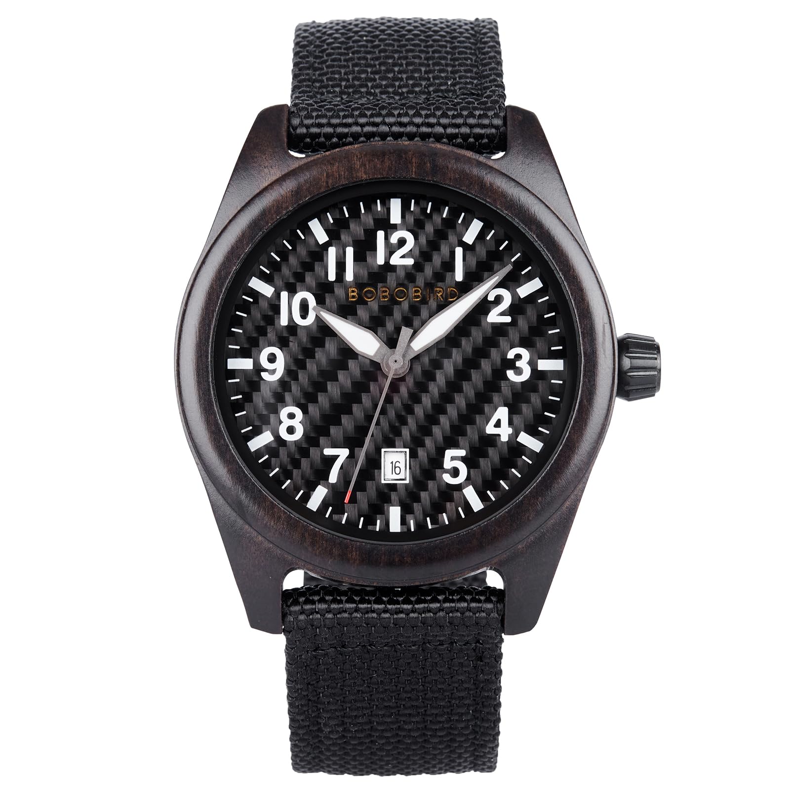BOBO BIRD Orologio casual e da lavoro in legno con cinturino in nylon, quadrante in fibra di carbonio, movimento al quarzo giapponese, orologio da polso leggero con visualizzazione della data
