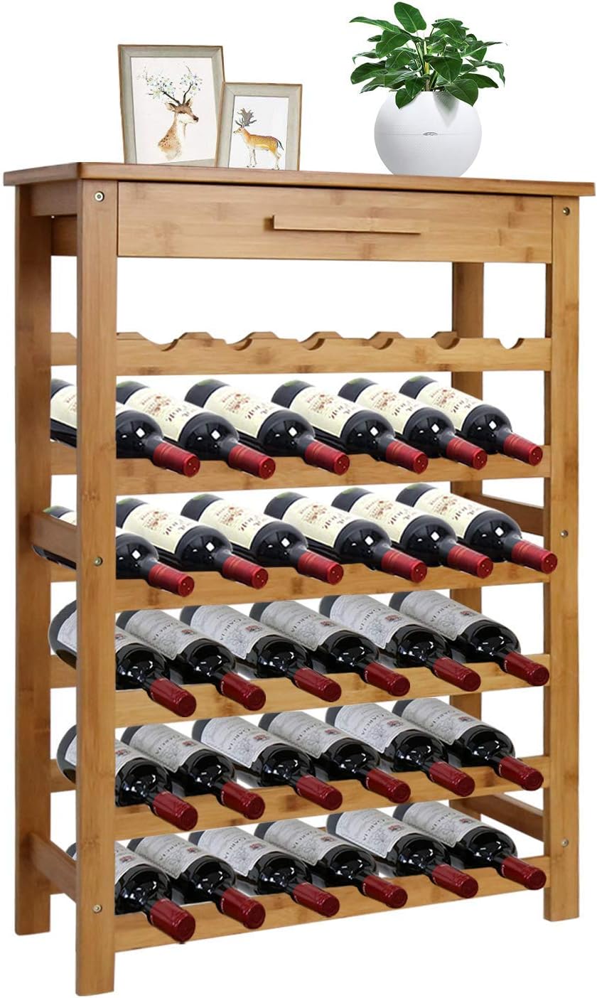 Kinlife Bamboo 6Tiers Wine Rack with Drawer Free Standing