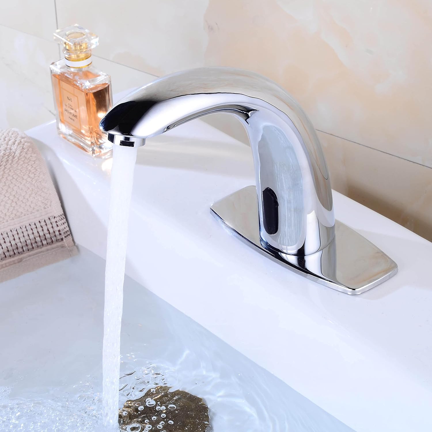 Automatic Touchless Bathroom Sink Faucet Motion Activated Sensor Faucets Hands Free Commercial Tap with Hole Cover Deck Plate Battery Operated Control Box Adjustable Temperature Mixer（Chrome）