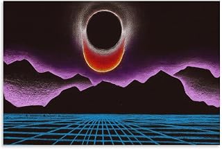 Cosmic Eclipse Wall Art with Purple Clouds And Mountain Landscape, Retro Blue Grid Decorative Painting Canvas Wall Art Decorative Bedroom Modern Home Print Picture Artworkss Unframe 08x12inch(20x30cm)