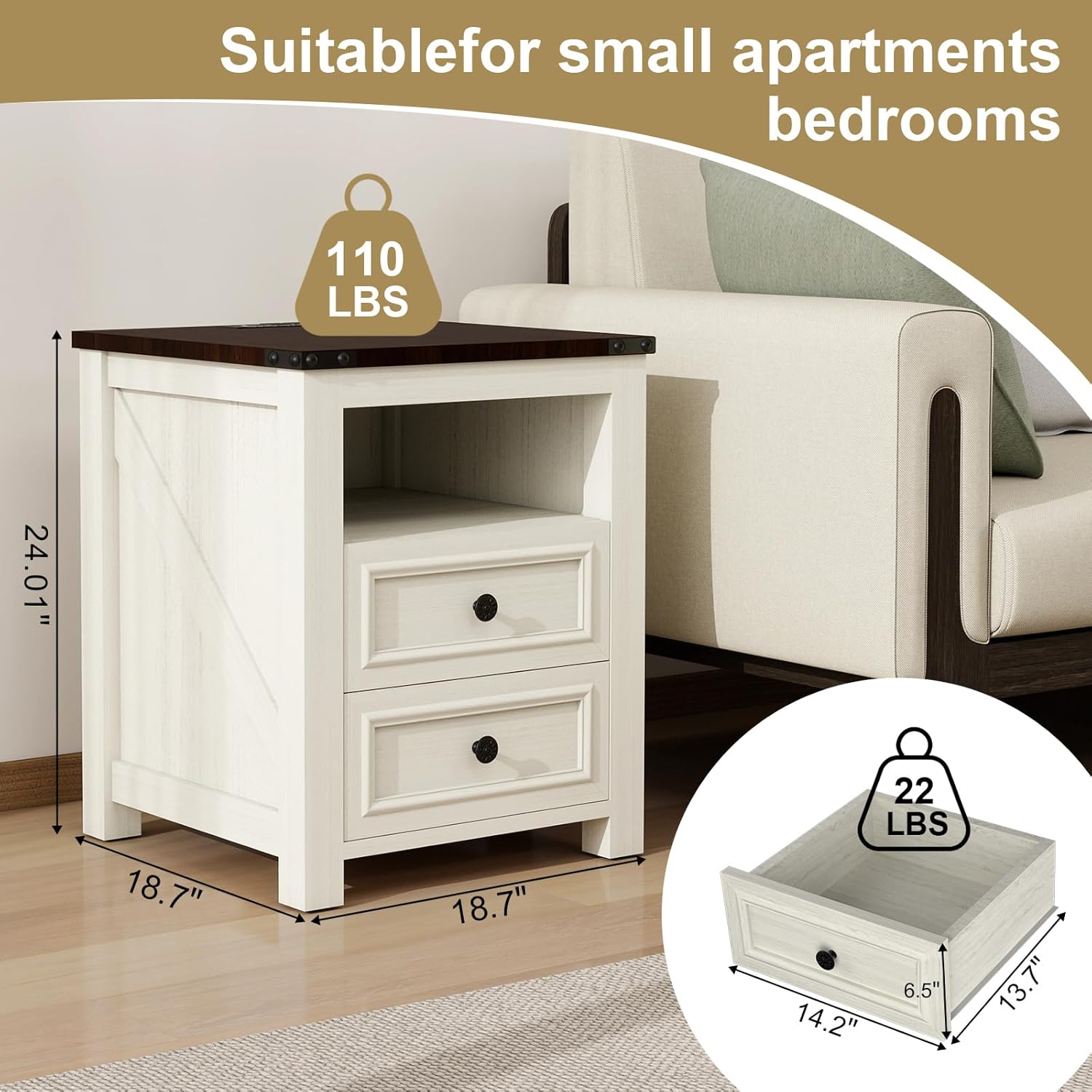 MUUEGM 18" Farmhouse Night Stand with Charging Station Antique White End Table for Living Room with 2 Drawers Bed Side Table Cabinet Wooden Nightstand for Bedroom Bedside Table,Set of 1