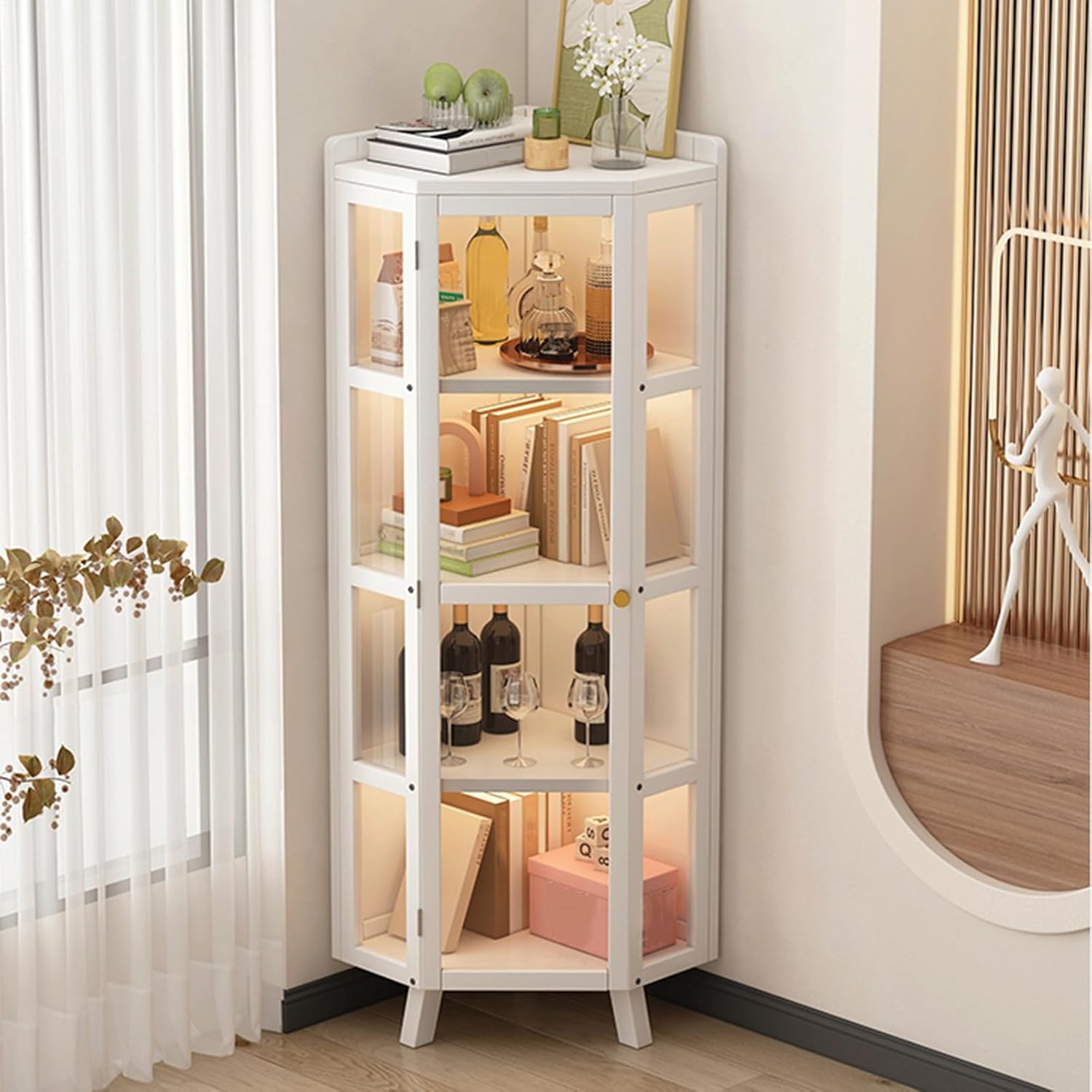 Corner Display Cabinet with Acrylic Glass Doors, Corner Storage Rack, Bookcase Display Unit, Display Case for Living Room, Curio Cabinets, Antique Collection, Wine, Bar Glass Storage, White