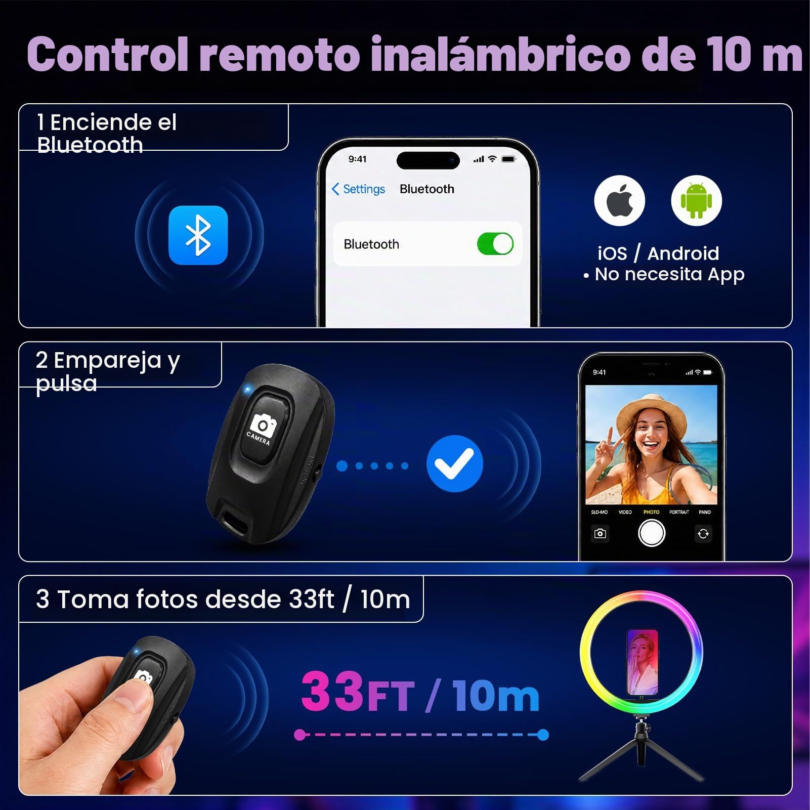 PEYOU 12" Aro de Luz con Trípode para Movil,186CM Ring Light 38 Modes RGB con Función Bluetooth Selfie y Mini Trípode Extra,para Youtube/TikTok/Twich Live/etc.
