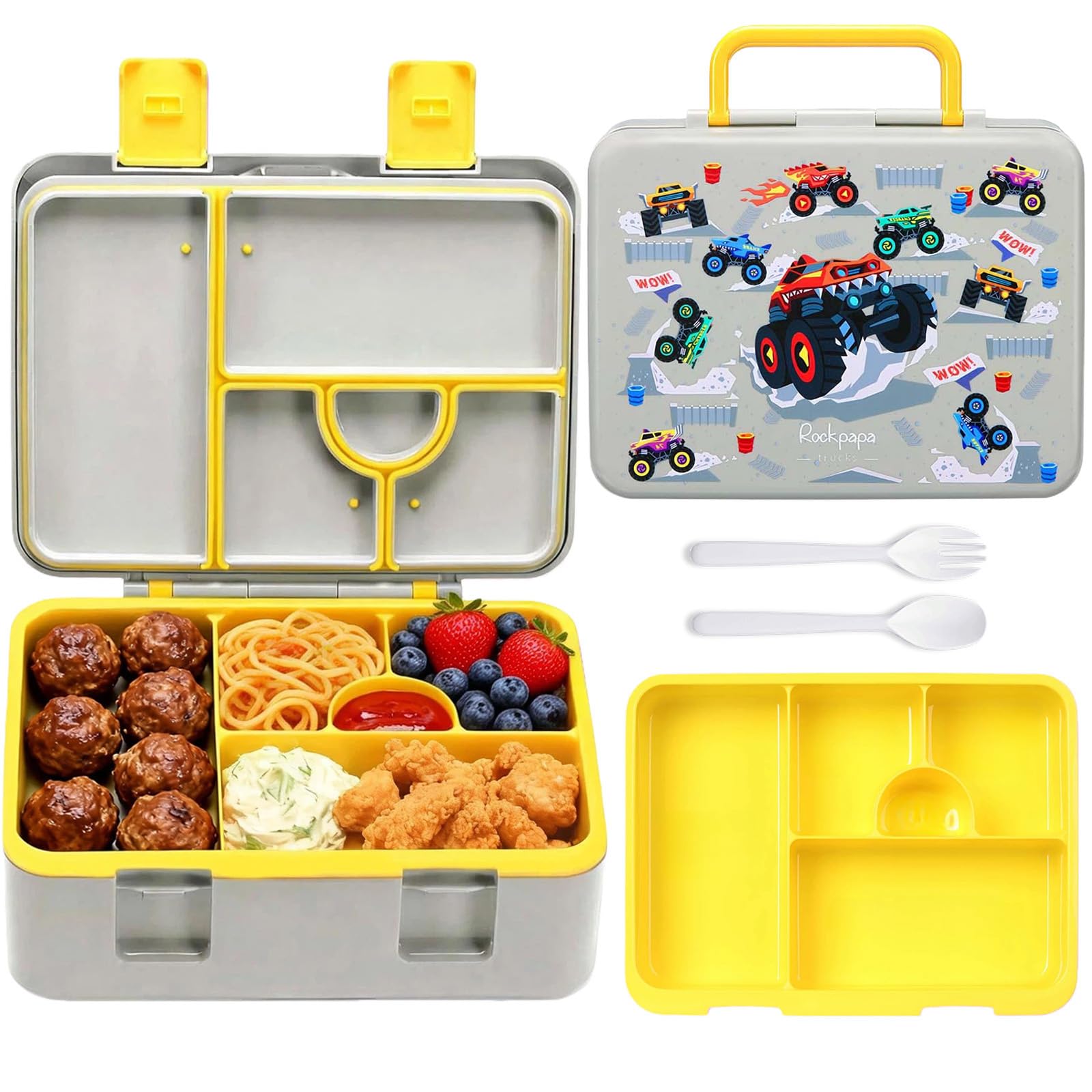 rockpapa 5.5 Cups Bento Lunch Box for Kids, 5-Compartment, Trucks
