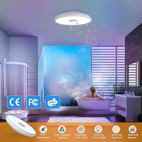 Miniatura 3 de Lámpara de techo impermeable inteligente, lámpara de techo LED de música, con altavoz Bluetooth, 11 pulgadas, 18 W, 2700 K-6500 K, luz de cambio de
