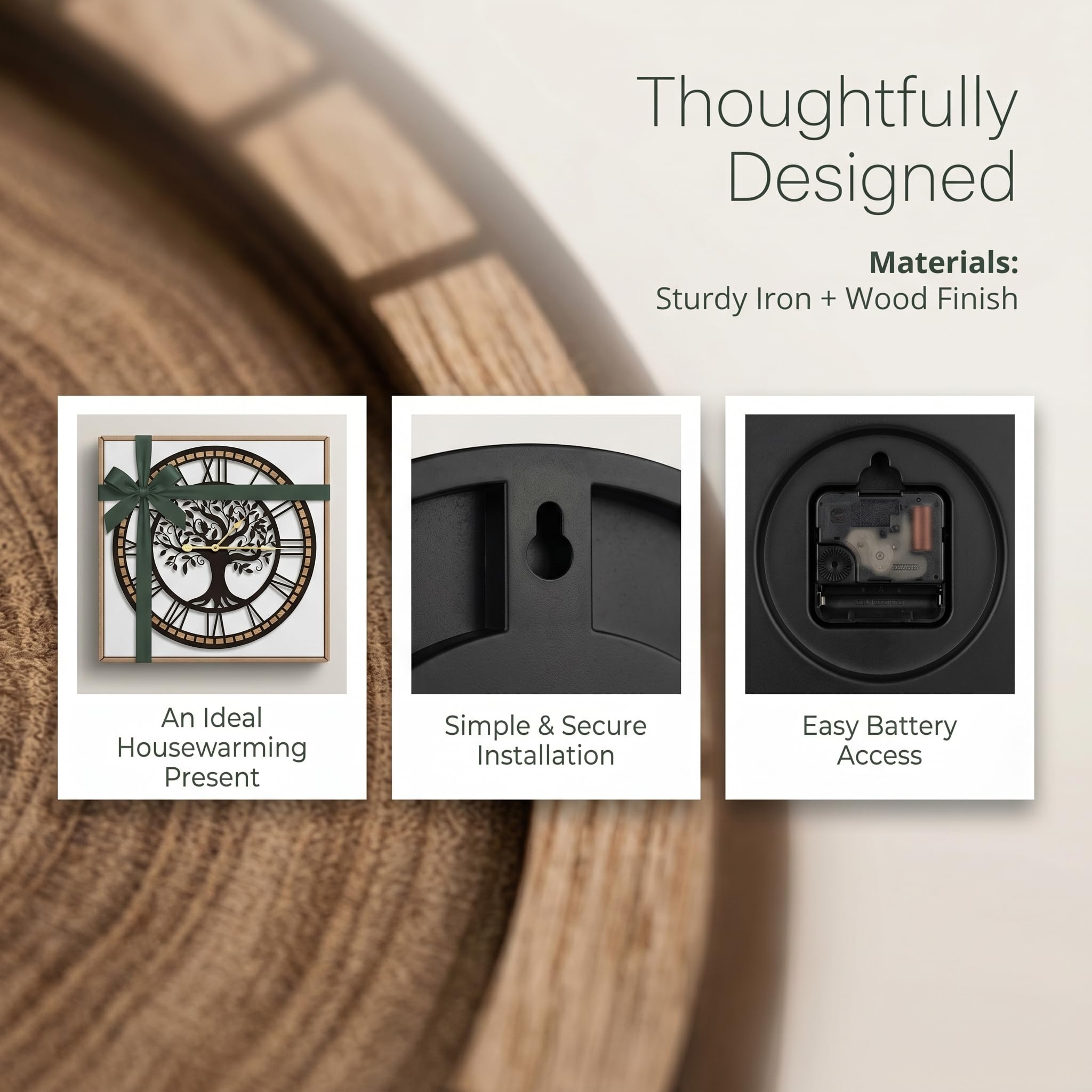 Reloj de Pared Grande con diseño de árbol de la Vida, Negro y Madera, números Romanos, Redondo, 40 cm, para Sala de Estar