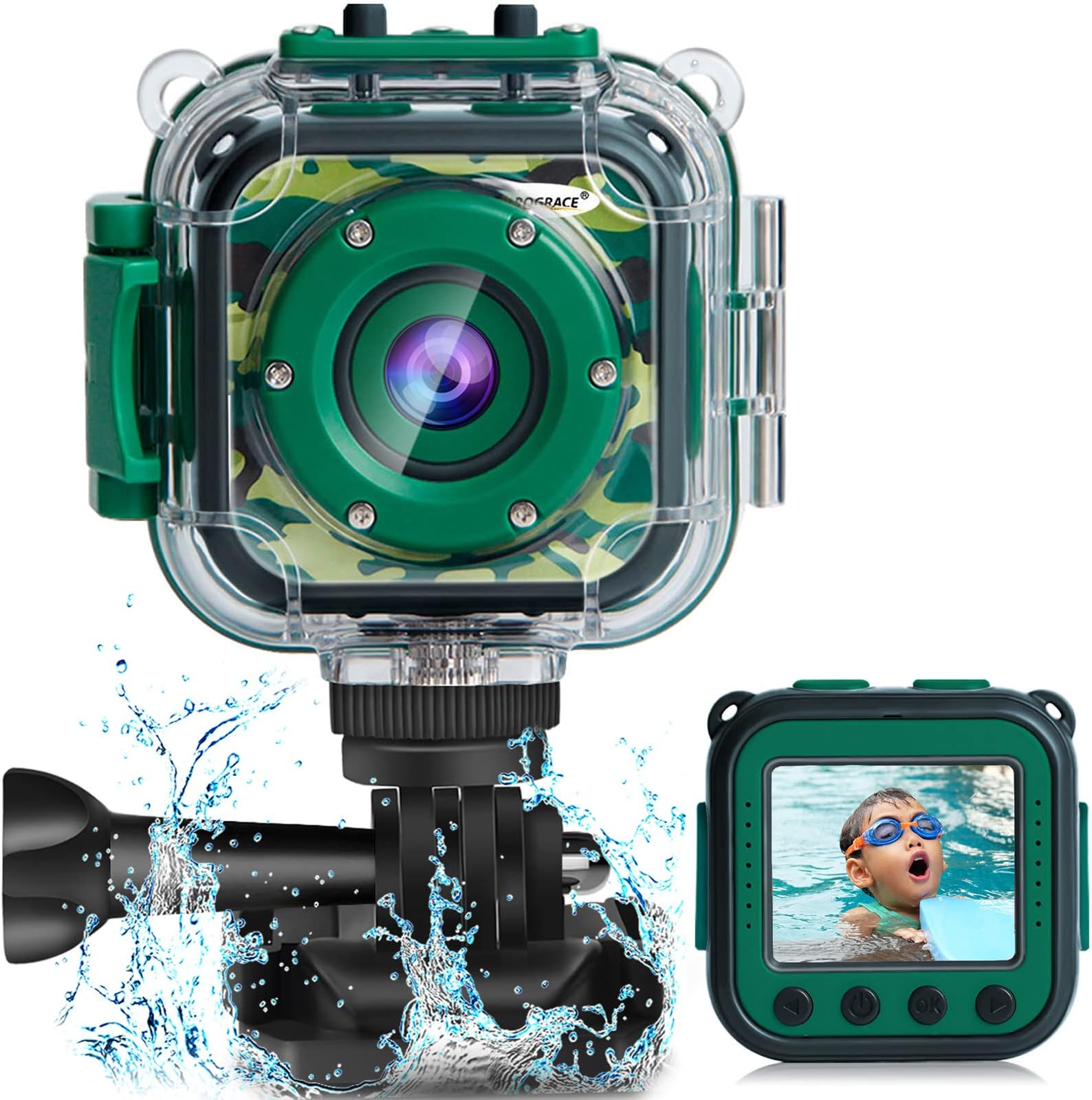 PROGRACE Kids Camera Underwater Video Camcorder Kids Camera Boys Girls Birthday Gift Toys 4-10 Ages Waterproof Action Camera 1080P HD Video Camcorder with 1.77" LCD and Digital Zoom Children Camera