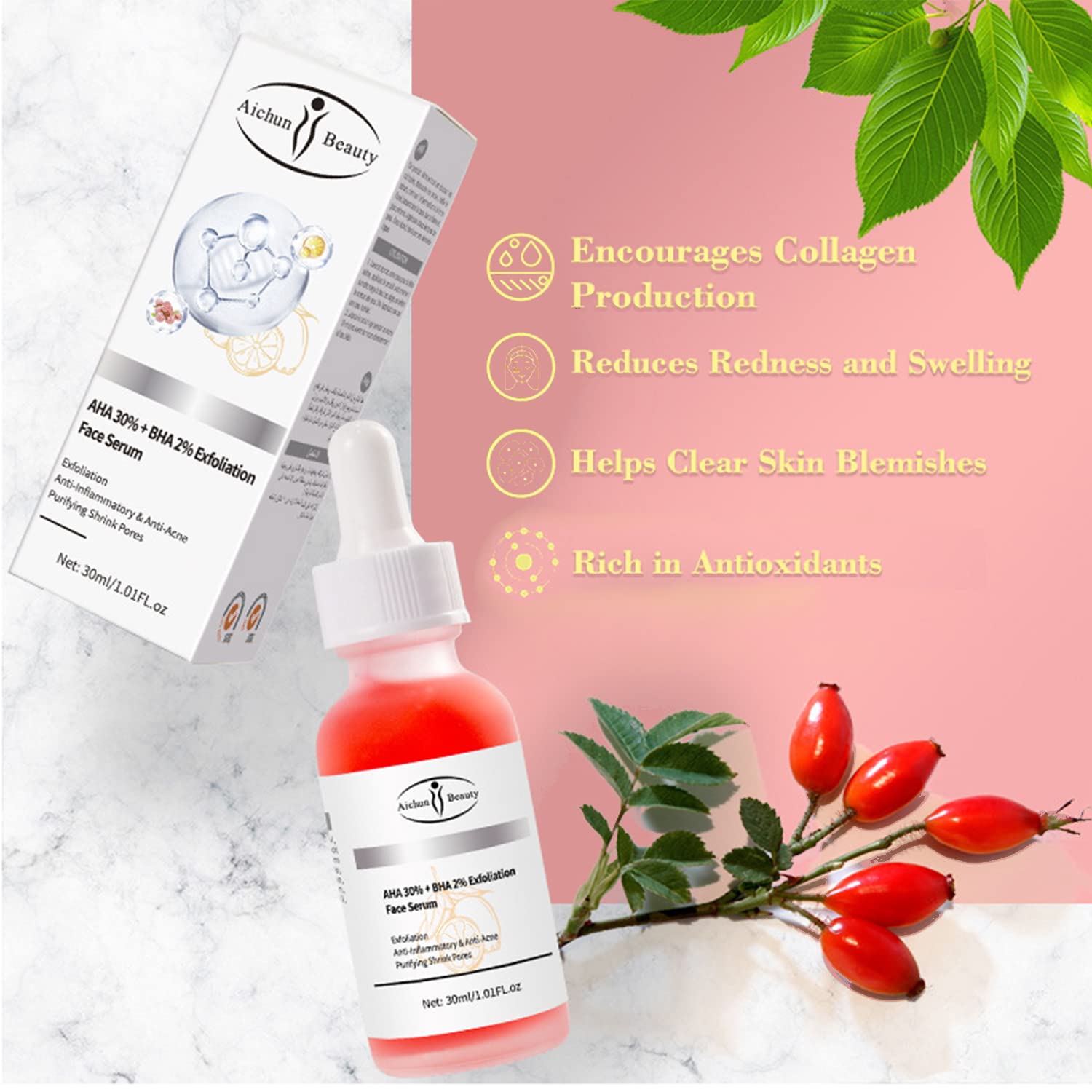 AICHUN BEAUTY Face Serum Eye Essence Anti-Wrinkles Anti-Acne Oil-Control Anti-Freckle Refreshing Moisturizing Purifying Shrink Pores 30ml 1.01FL.oz (AHA 30% + BHA 2% Exfoliation Face Serum) - Image 7