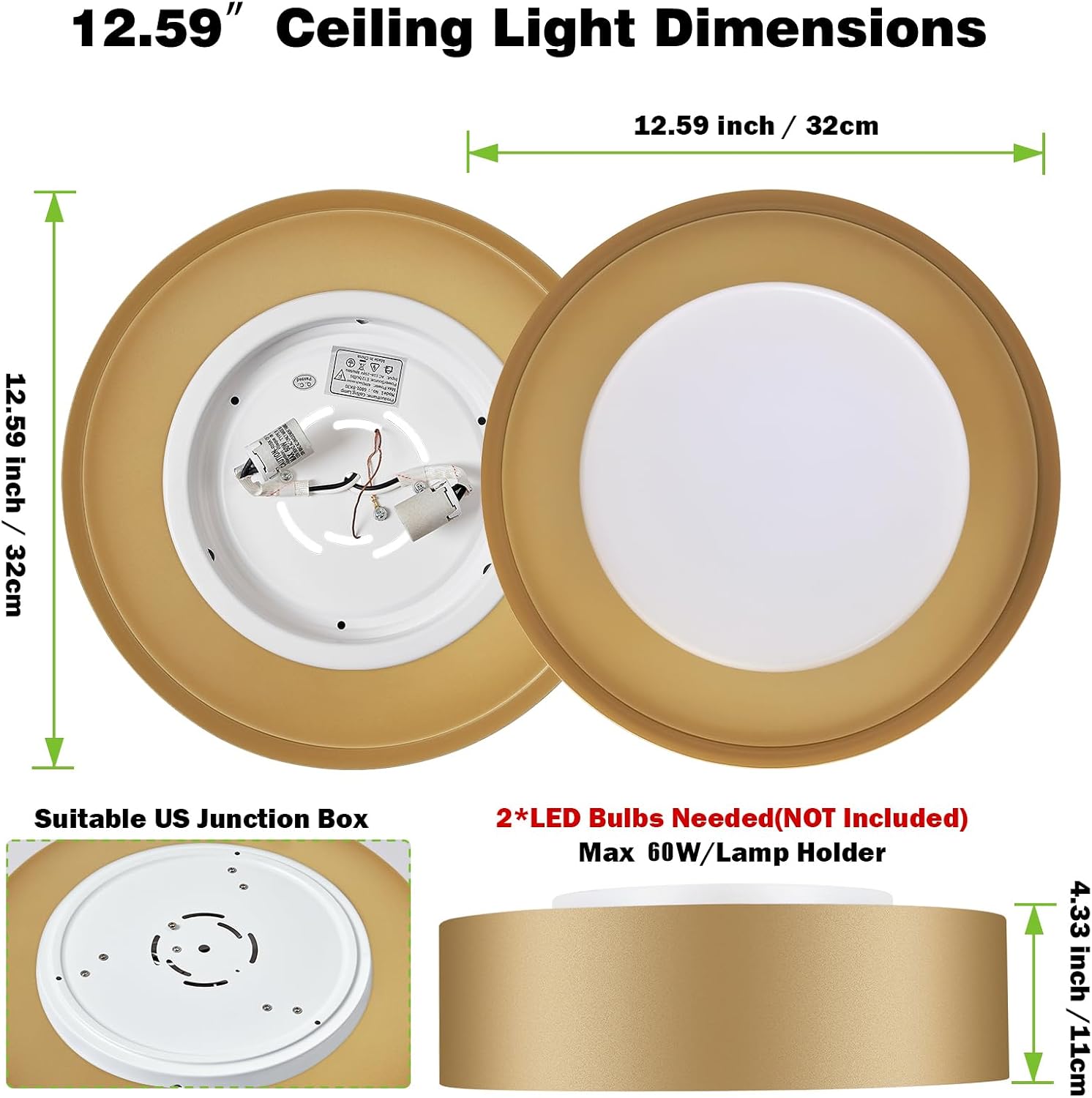 Yiisem Glass Gold Flush Mount Ceiling Lights, Modern Round Ceiling Lighting, Minimalist Drum Close to Ceiling Light Fixtures for Bedroom, Dining Room, Bathroom, Hallways, Laundry Room