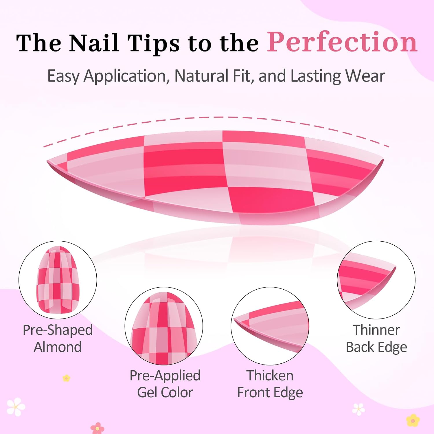 16 Sizes Press on Nails Kit for Kids - 32 Pieces French Almond Fake Nail Tips for Girls 8-12 Years Old with Jelly Nail Adhesives & No-Lamp Nail Glue, Birthday Easter Gifts (Rose Pink Grid)