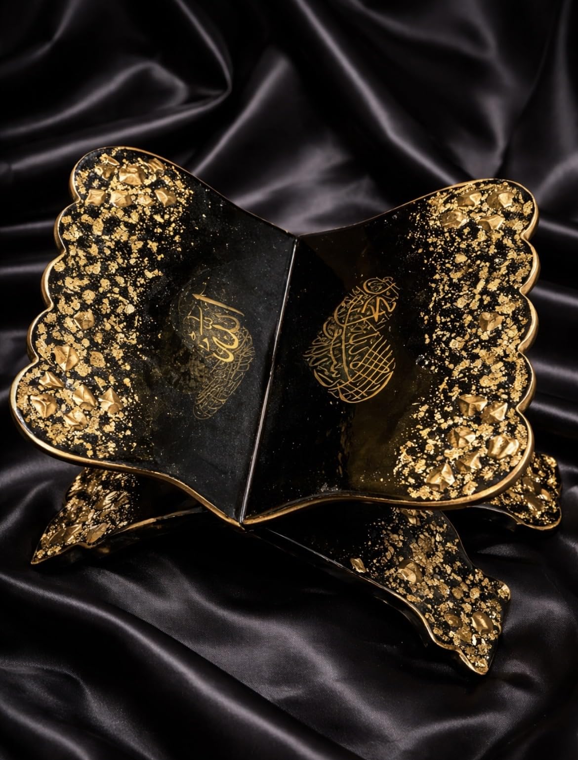 Quran Stand Islamic Book Holder with Gold Leaf Flakes & Scalloped Edge Design, Clear Epoxy Resin Black, Foldable, Set of 1, for Prayer Room Decor, Eid & Ramadan Gift-image-43
