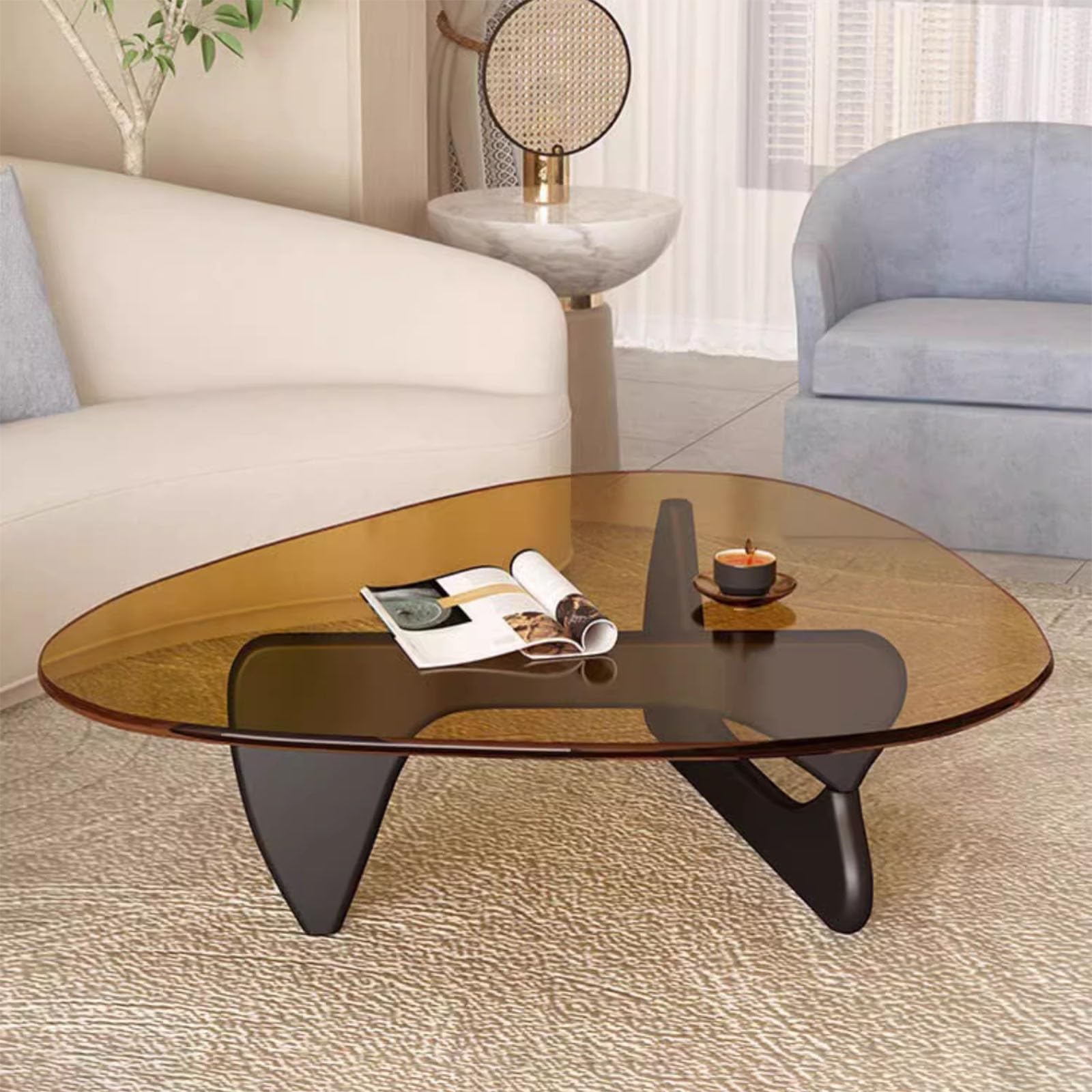 Tavolino Da Caffè Moderno | Vetro Temperato E Base Legno Noce | Triangolare 83x57x40 Cm | Per Soggiorno - Foto 6