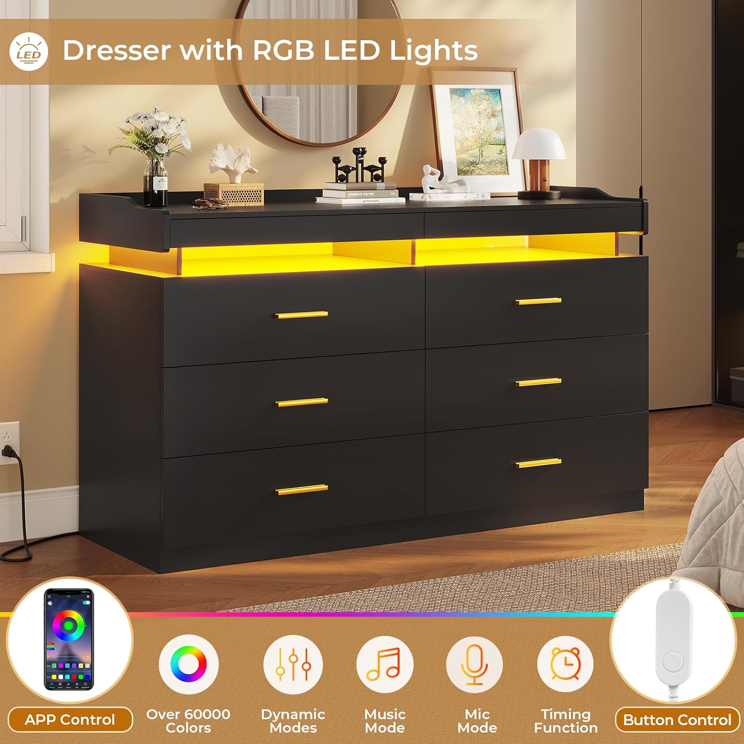BTHFST LED Dresser with blue LED lights and icons for app control, colors, modes, music, timing, and button control