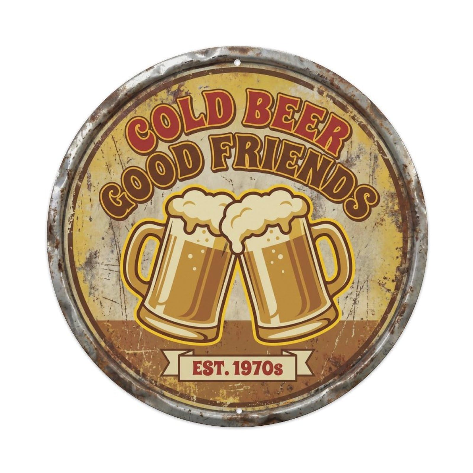 Cmhok Vintage Style Cold Beer Good Friends Vintage Indoor Display Retro Slogans Metal Tin Sign Plaque Wall Decor For Cafe, Club, Garden Round Metal Poster 8X8inch