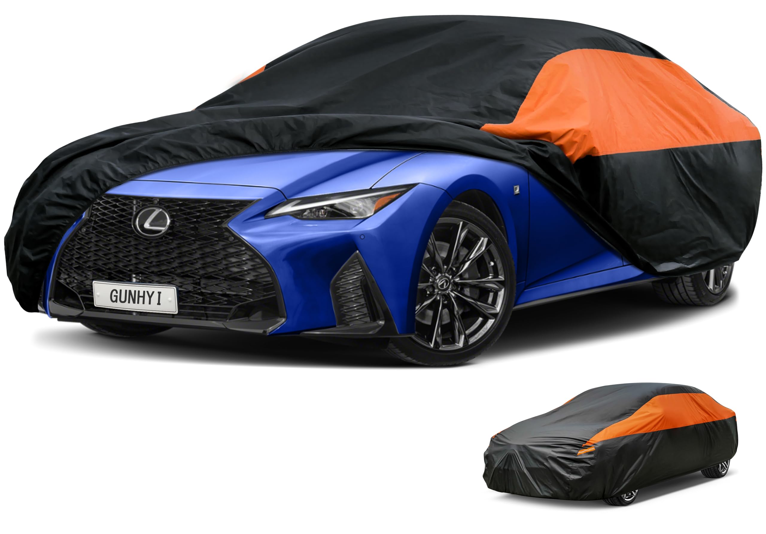 GUNHYI Waterproof Sedan Full Car Cover Custom Fit Lexus is(2015-2026) | All‑weather Outdoor sun/rain/dust/snow/wind/UV protection, breathable lightweight fabric, black‑orange design,storage bag