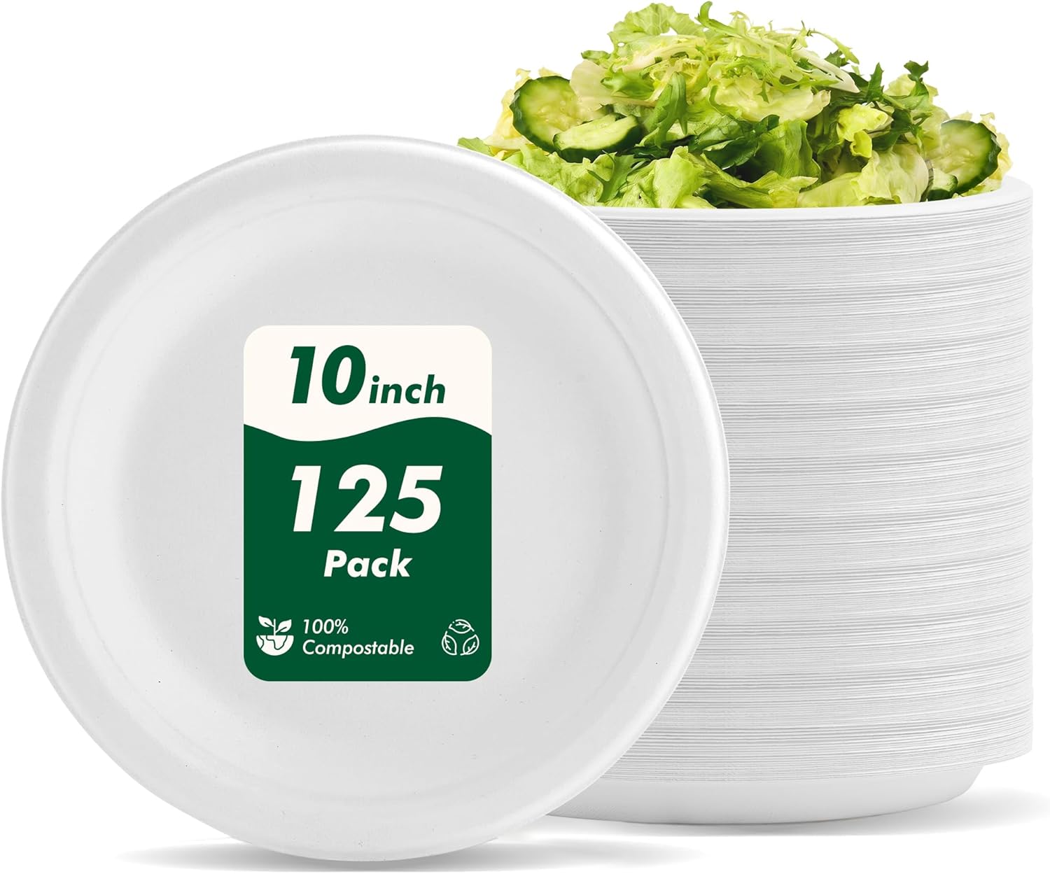 10 Inch 125 Count Compostable Heavy-Duty Round Paper Plates, Disposable Biodegradable Natural Sugarcane Fiber Paper Plates, Microwavable White Plates