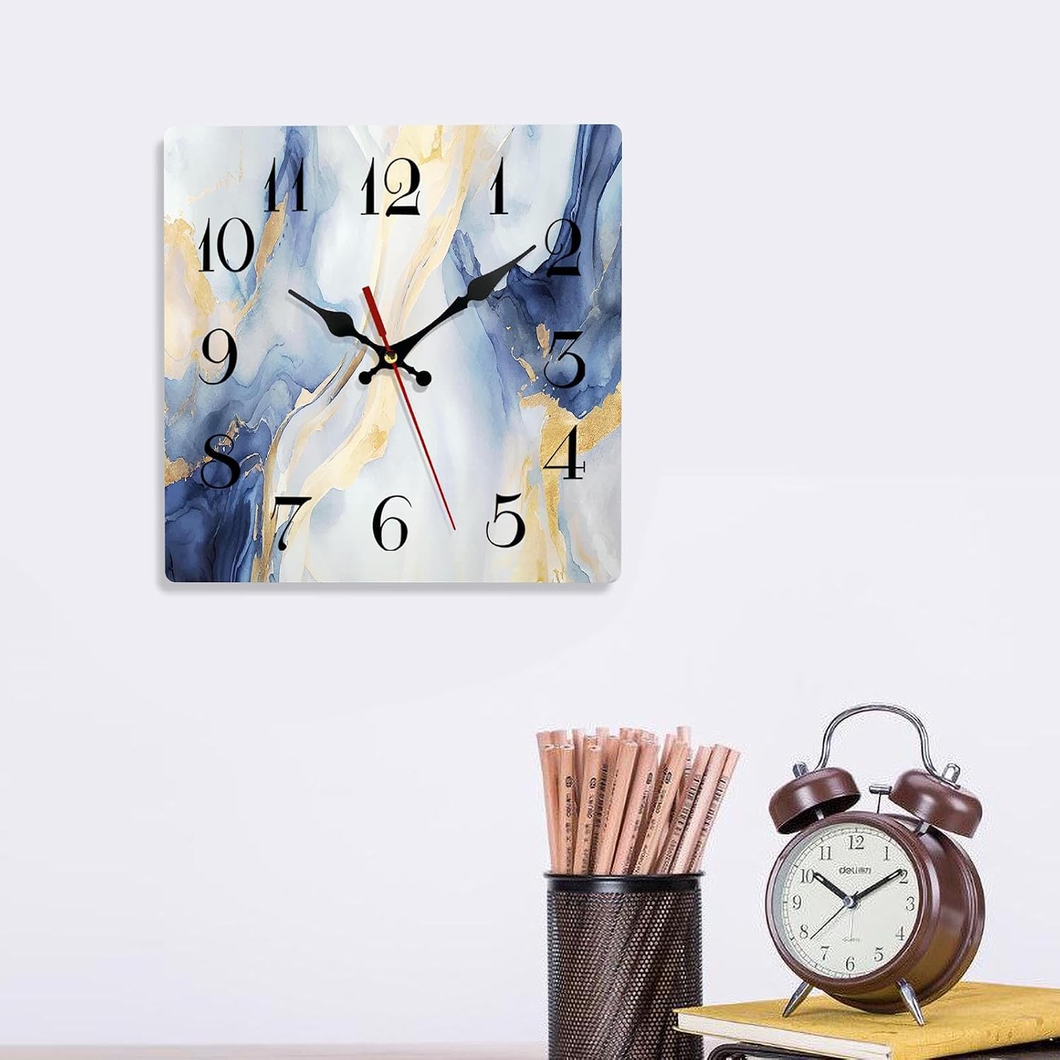 ArtSocket Square Wall Clock Silent Non-Ticking 12" Gold Blue