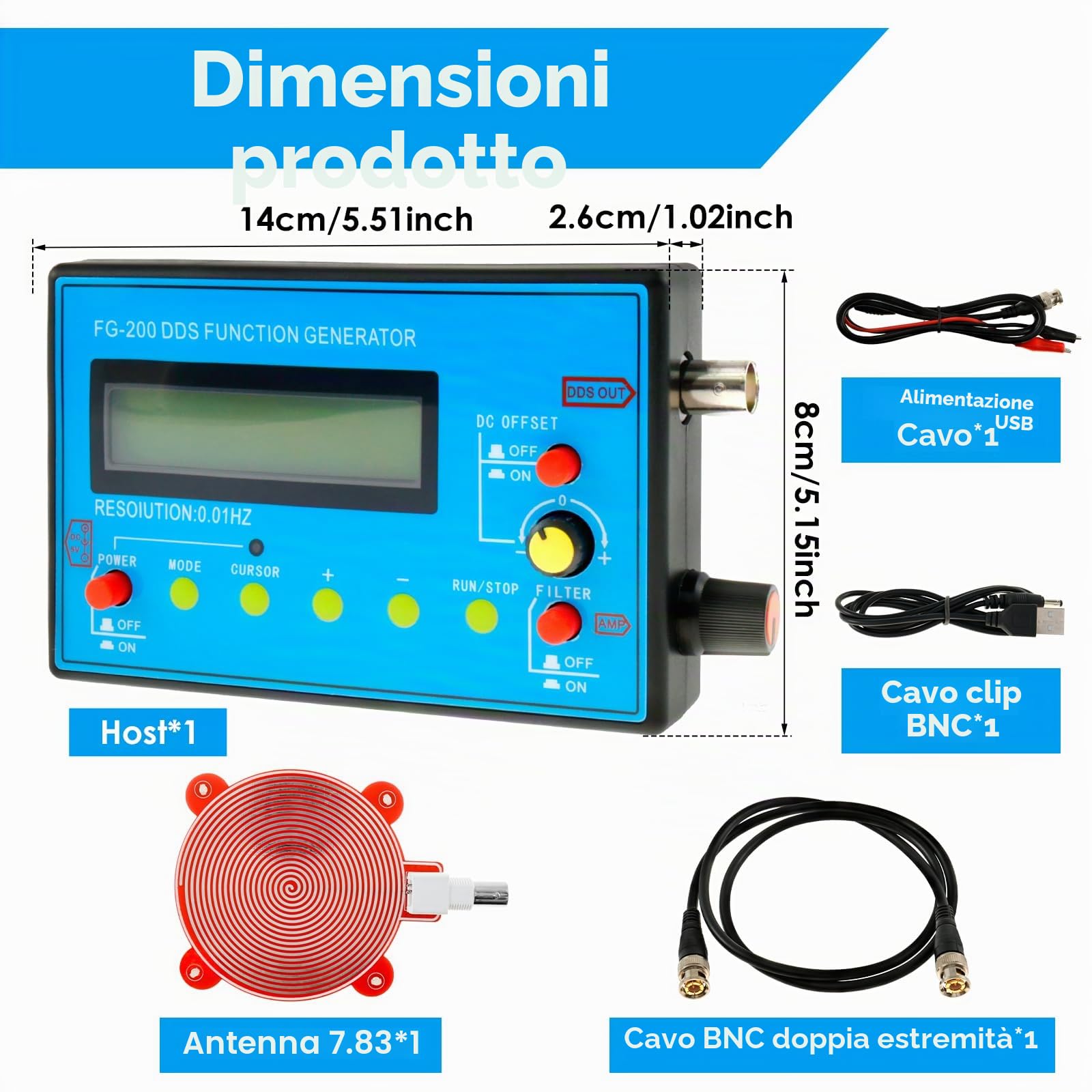 FG-200 DDS Generatore di Funzione 1-500kHz USB Ultra Precisione Stabilità 140 x 80 x 26 mm Generatore di Frequenza con Generatore di Onde Schumann Generatore di Segnale Generatore di Funzione