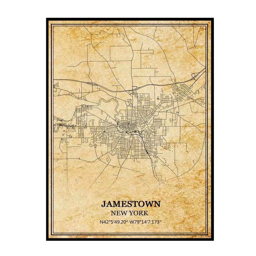 TANOKCRS Jamestown New York USA America Vintage Map Poster Artwork Wall Art City Road Map Print Travel Souvenir Gift Home Decor Unframed