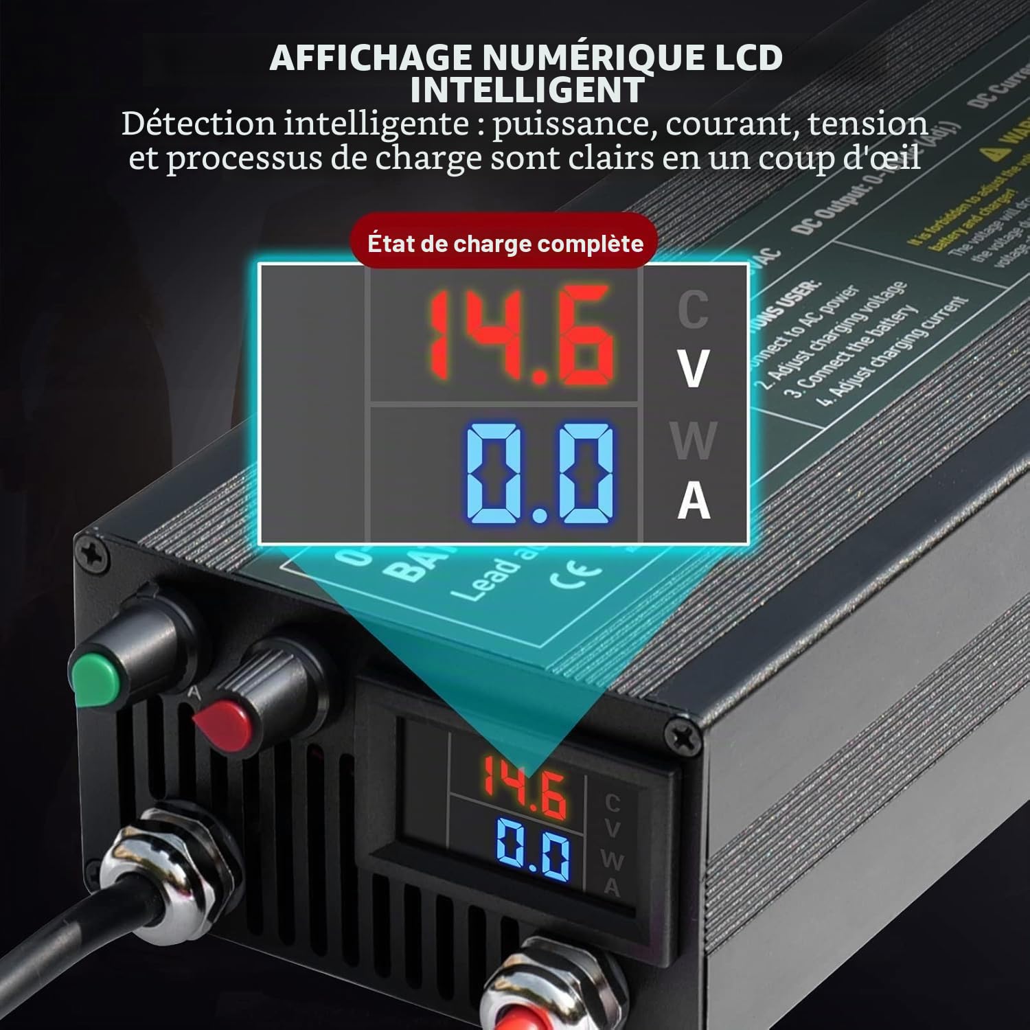 Chargeur Intelligent LiFePO4 14,6V 60A, Chargeur de Batterie Réglable 0-15V/0-60A, Charge Rapide pour Batterie 12V avec Fonction de Charge d'entretien pour Voiture, Moto, Bateau