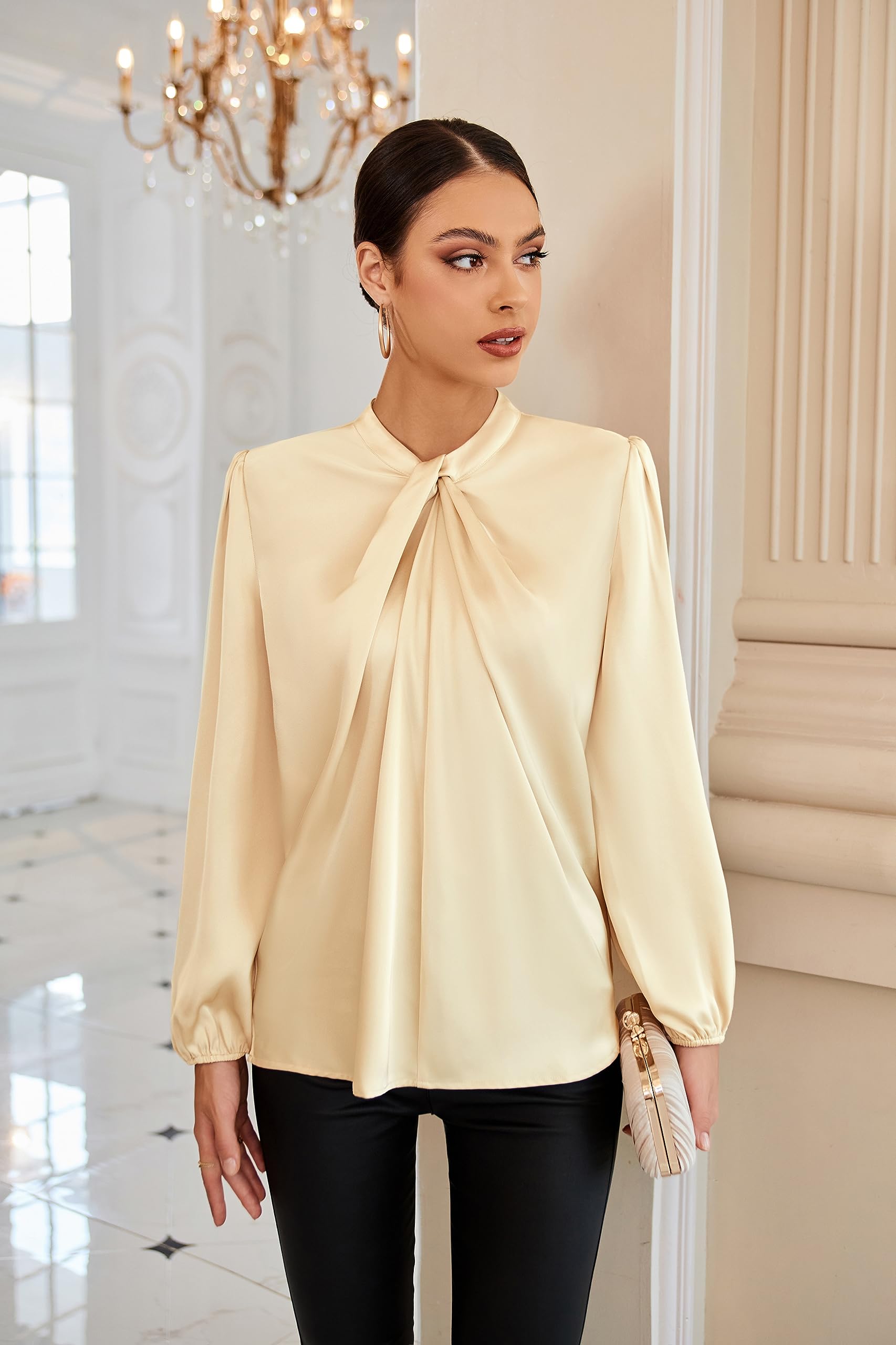 GRACE KARIN Blusa Elegante Donna Maniche Lunghe a Lanterna Tinta Unita con Scollo Rotondo da Ufficio Casual
