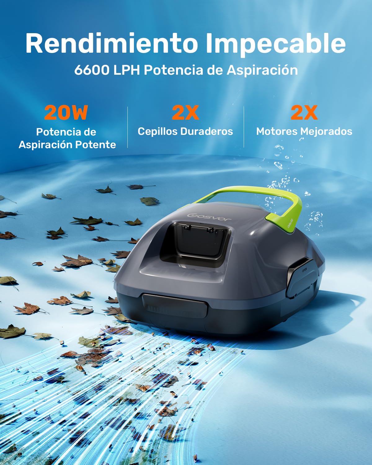 Gosvor (Nuovo 2026) Robot Limpiafondos Piscina Inalámbrico - Aspirador Piscina, 90 Min Autonomía, Autoestacionamiento, Fácil Uso, Robot Piscina para Suelo, Piscinas 80m²,Gris y Verde