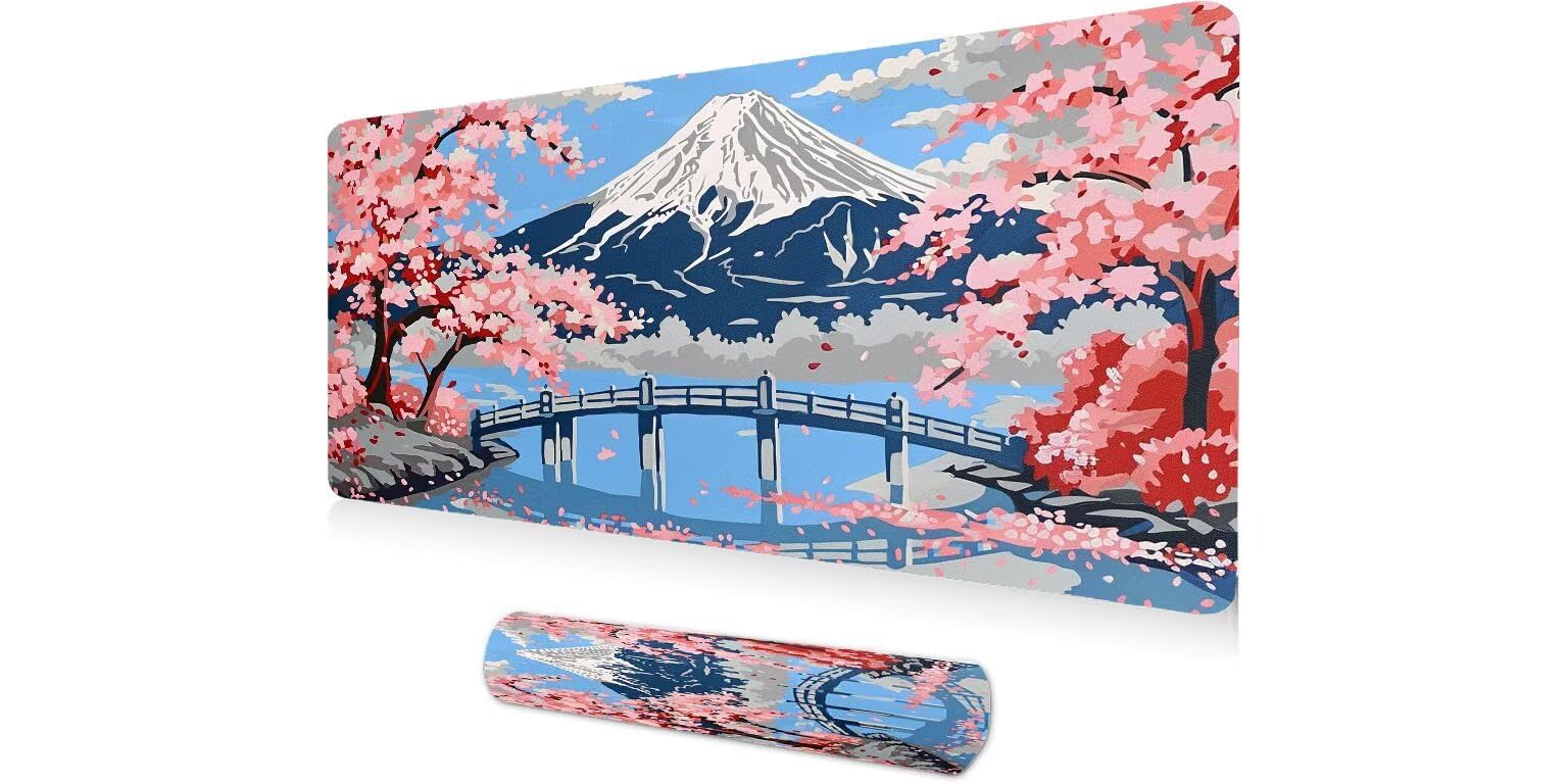 Tapis de Souris XXL 900x500x3mm Grand Tapis Souris Mont Fuji Japon Mouse Pad Gamer, Mouse Pad à Bords Cousus, Base en Caoutchouc antidérapante, pour Gamer, Personnel de Bureau Les Cadeaux A-321