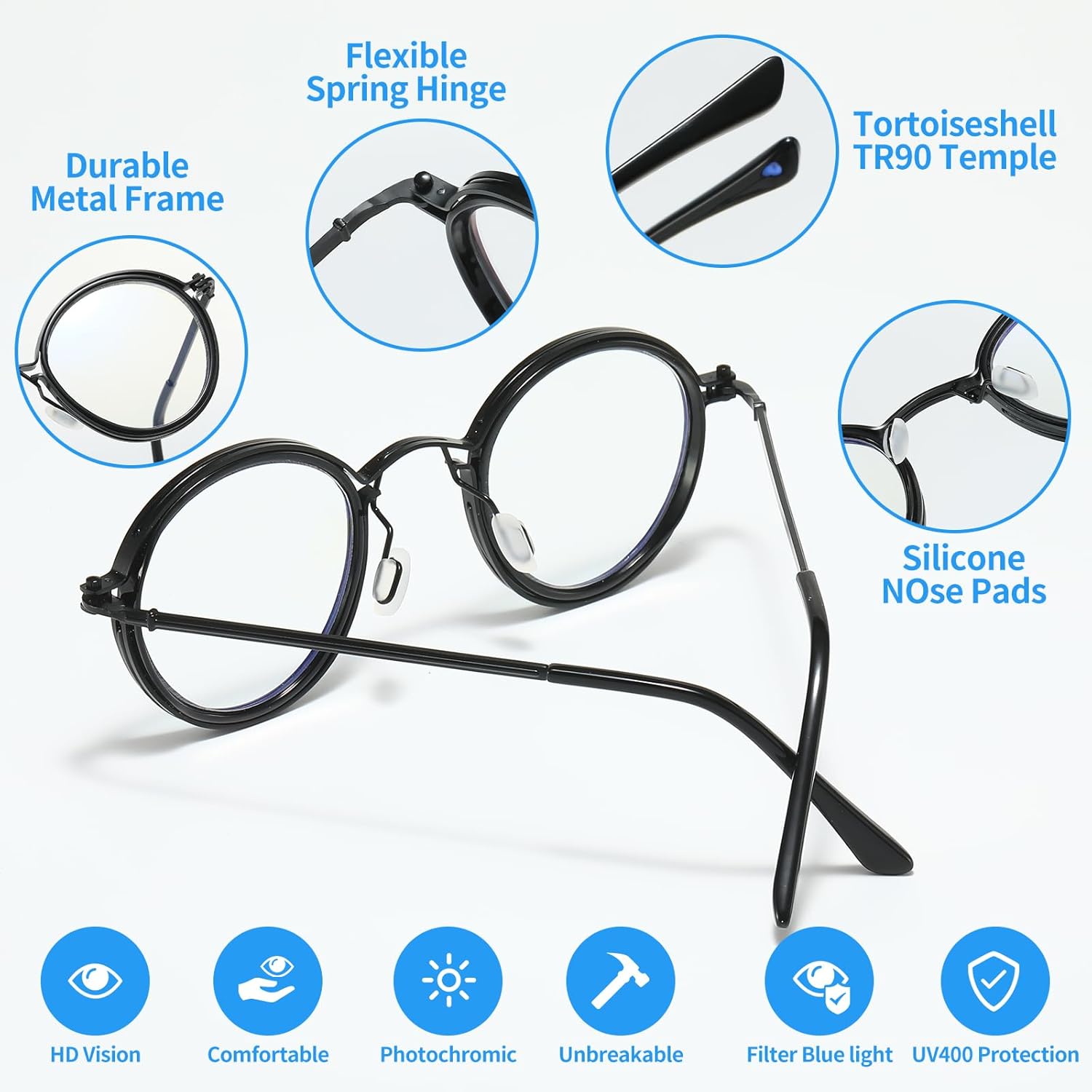 JOLLYNOVA Retro Round Blue Light Blocking Reading Glasses for Women Men,Metal Anti UV Readers (Black & Single Vision, 1.5, x) - Image 4