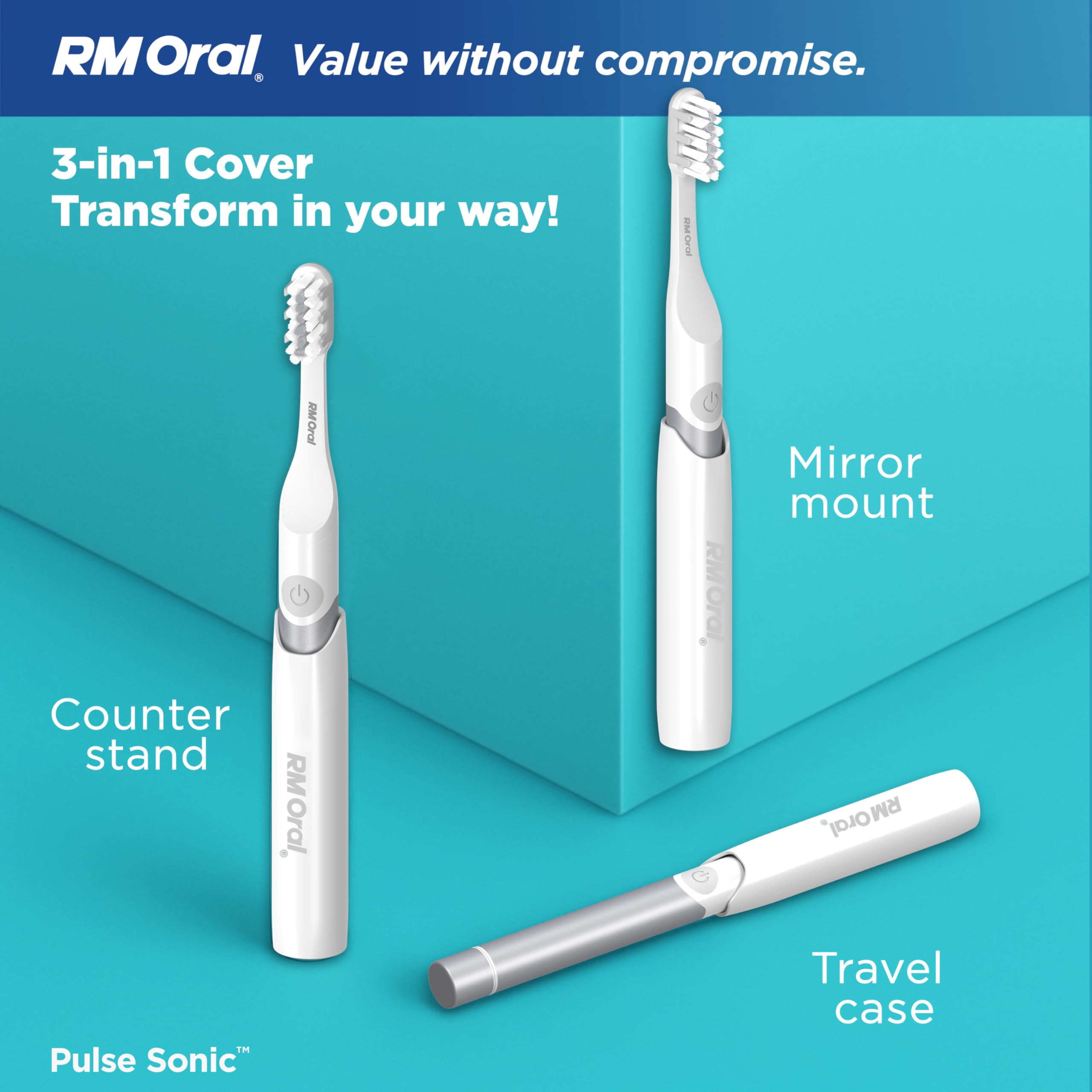 RM Oral Pulse Sonic - Cepillo de dientes con 48.000 vibraciones sónicas, mango de metal, cerdas suaves, estuche de viaje, 2 modos para blanqueamiento y eliminación de placa, temporizador inteligente