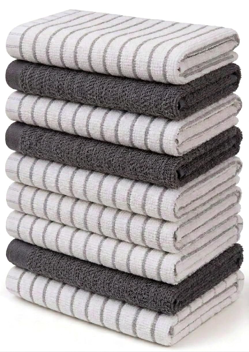 Towelogy® Grey Tea Towels for Kitchen | Pack of 9 Large 60x40cm Wonderdry Cotton Terry Dish Drying Towels | Everyday Value Multi-Pack