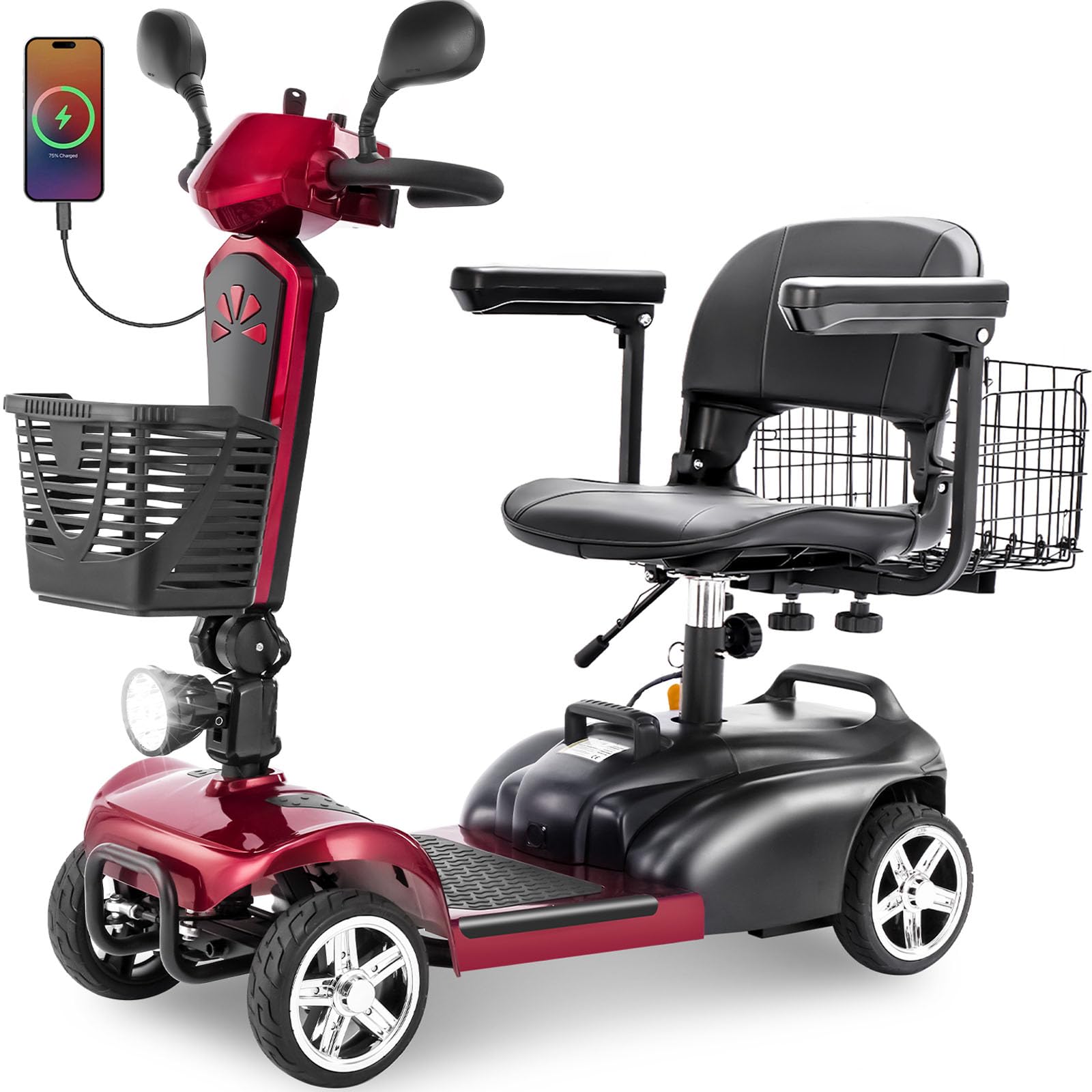15/25/30/50Miles Eldryvon 4 Wheels Electric Mobility Scooter for Seniors, Dual Basket, 350W Powered Wheelchair with Rotating Seat, Foldable Motorized Scooter for Adult with USB Port, 300Lbs Capacity