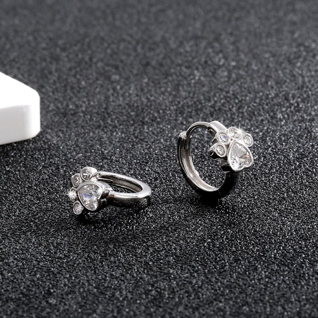 Silver Cubic Zirconia Dog Paw Crystal Hoop Earrings, Cat Puppy Shining Cute Sweet Huggie Earrings, Piercing Hypoallergenicity Small Jewelry Gift - Image 5