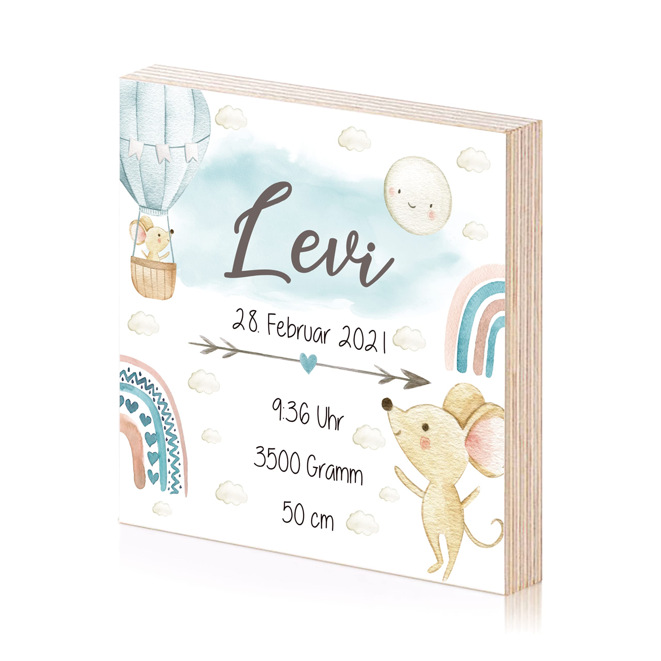 Holzbild personalisiert mit Namen und Geburtsdaten als Geschenk zur Geburt oder Taufe als Geburtsanzeige Geburtsbild Baby (JUNGE, Maus)