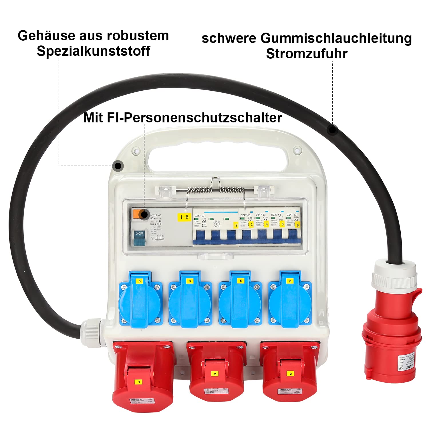 Daromigo Interruttore di protezione FI, Distributore da parete 2 x CEE 400 V/16 A+4 x 230 V Schuko IP44 5 poli, Distributore di corrente con cavo, coperchi di sicurezza per cantieri