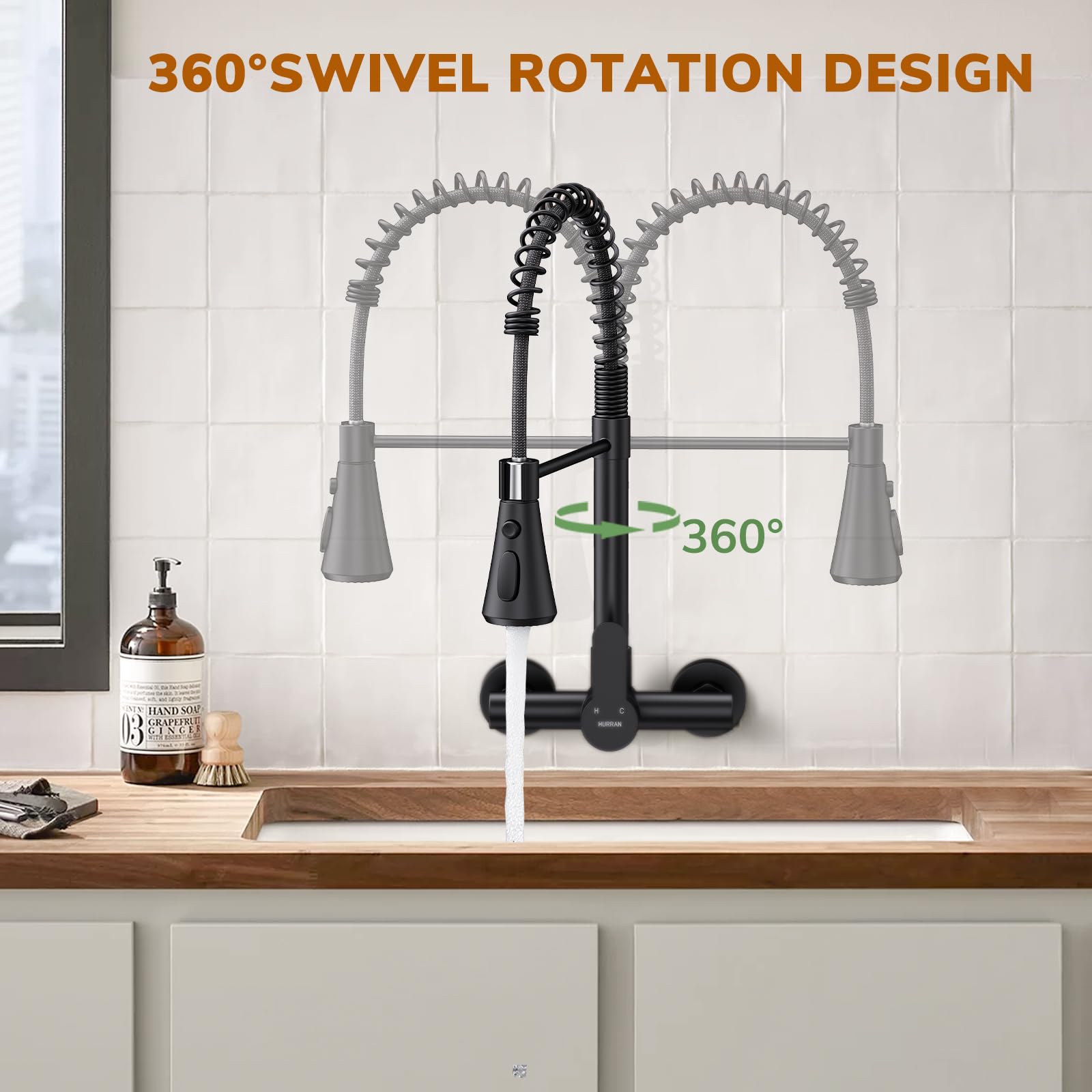 HURRAN Grifo Mural de Cocina, Grifo de Cocina con 3 Modos de Salida, Grifo Monomando Giratorio 360° de Acero Inoxidable, Negro Mate