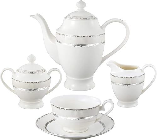Miniatura 2 de Lorren Home Trends La Luna Bone China - Juego de vajilla de 57 piezas con diseño en relieve, color plateado, servicio para 8 personas