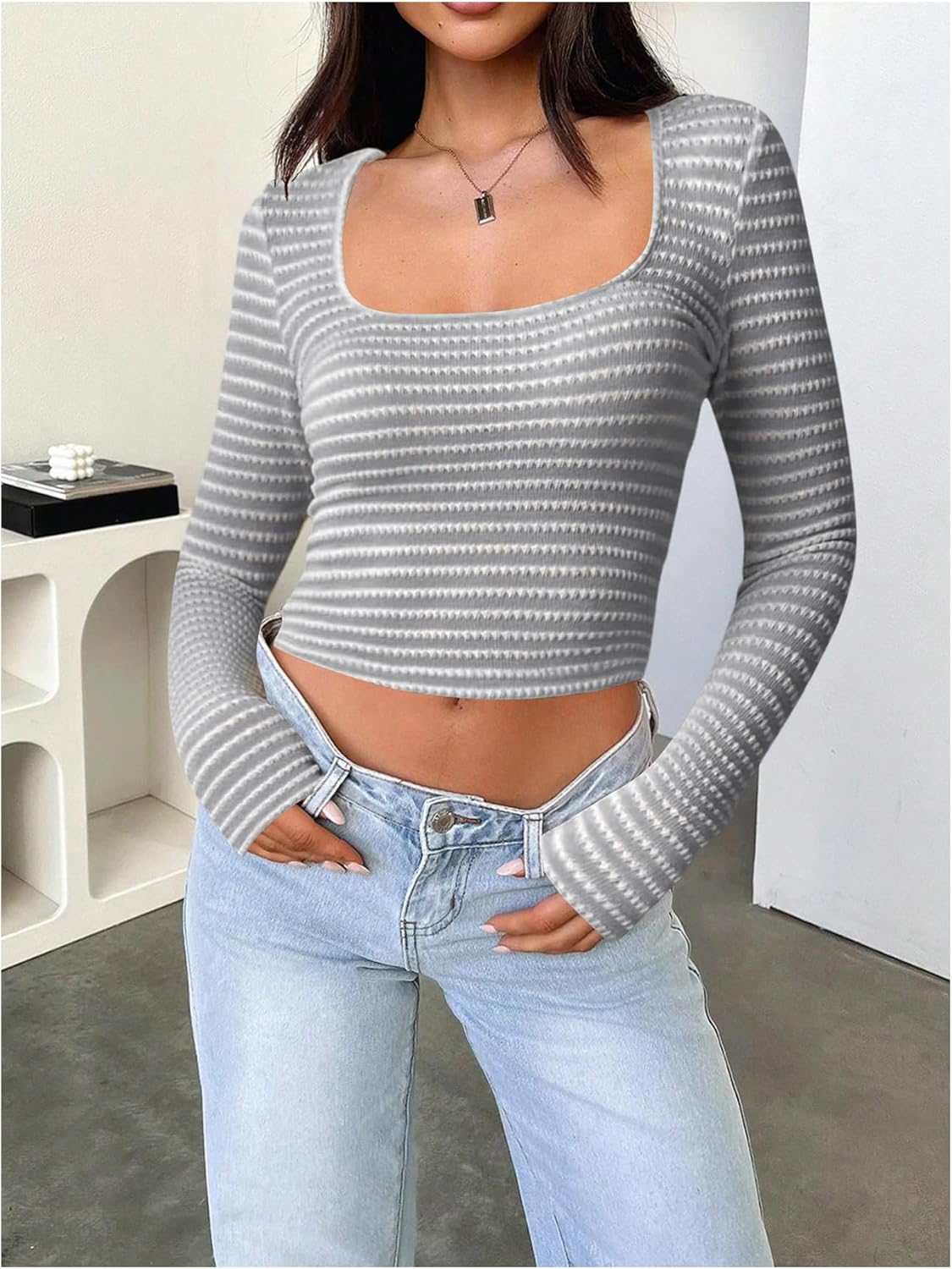 WDIRARA Women's Striped Tee Shirt Ribbed Long Sleeve Slim Fit Crop Tops - Image 5