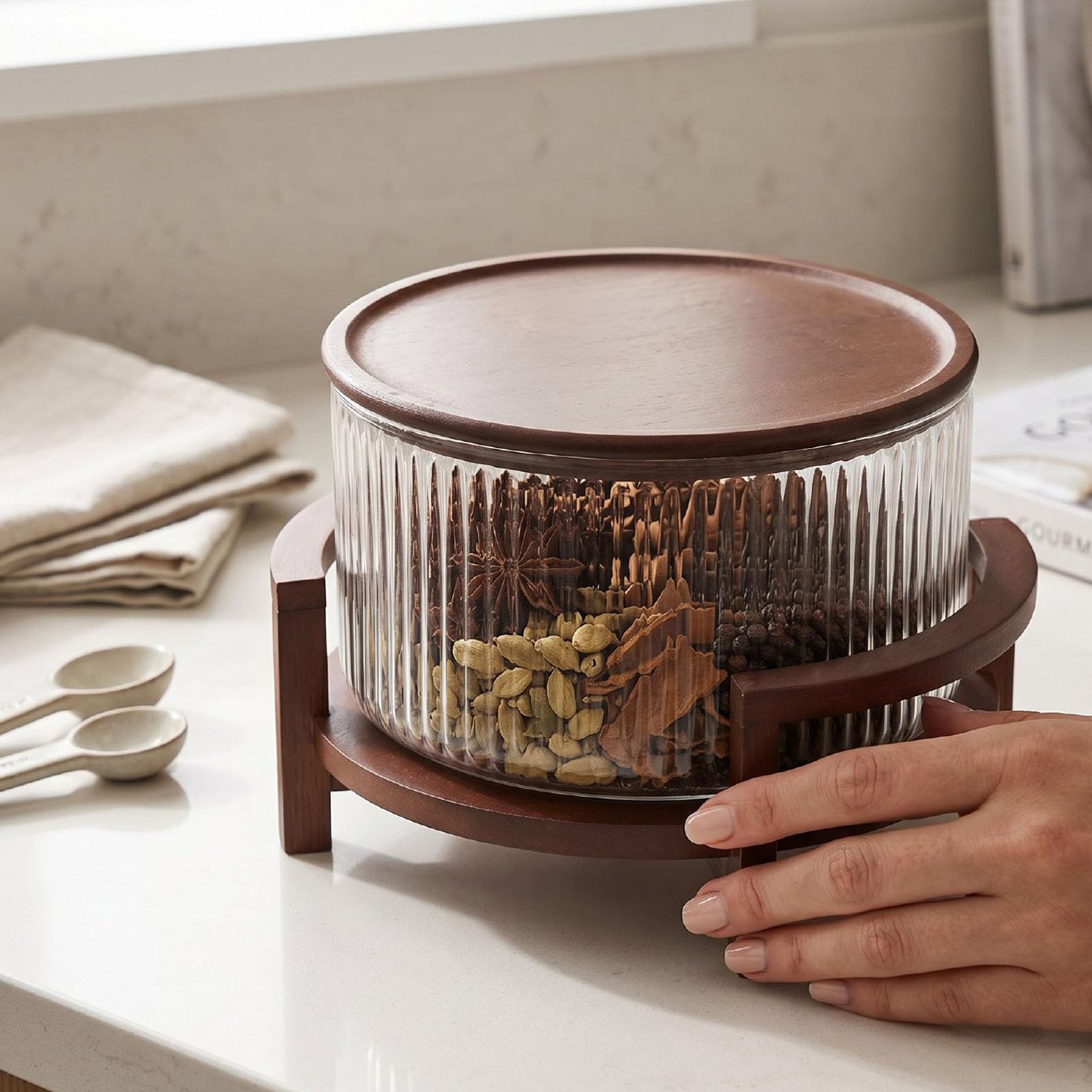 Garsent Ensaladera de Vidrio de 4,3 L con Soporte y Tapa de Madera, Cuenco Grande para Servir Frutas a Prueba de Calor para el Hogar, Comedor, Reunión, Cocina