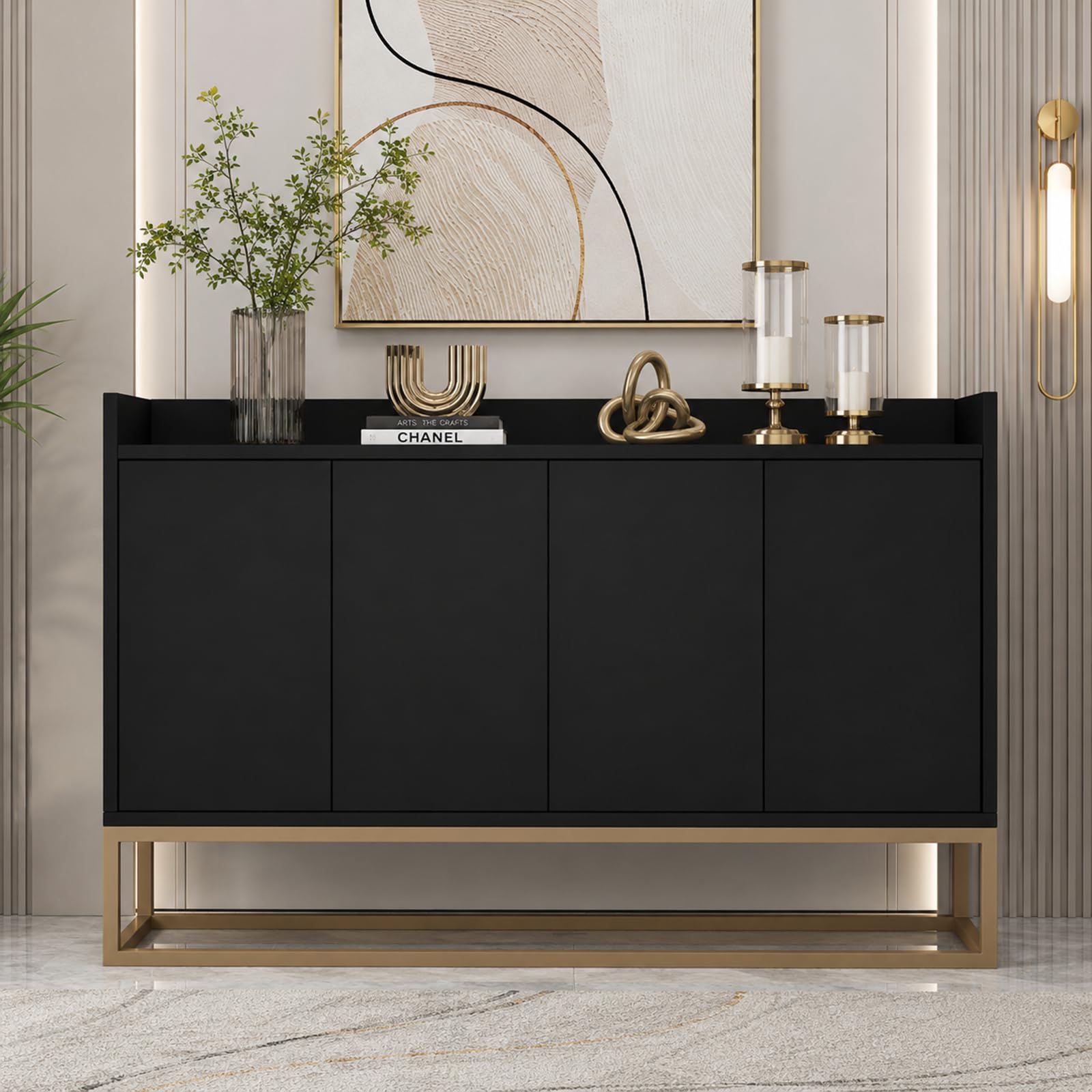 Credenza 120 cm, madie moderne soggiorno con 4 ante, buffet mobile cucina con ripiano regolabile e gambe in metallo, per cucina, soggiorno, sala da pranzo, ingresso (nero, 120 x 30 x 80 cm)