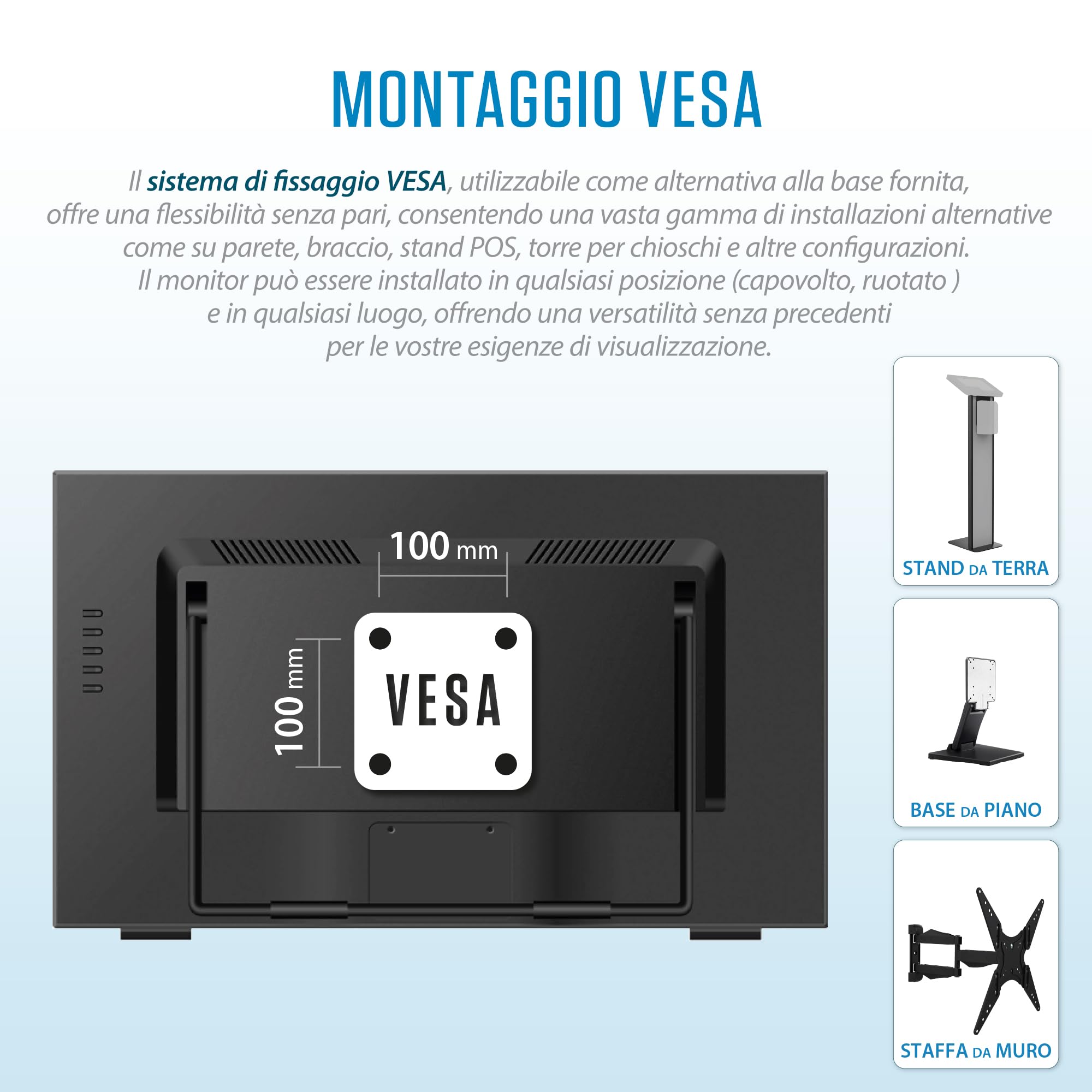Atlantis Monitor Touch 24 pollici Full HD a 10 tocchi, vetro 7H | 1920x1080 HDMI/VGA/DP, inclinazione 15°-70°, vetro protettivo 7H contrasto 3000:1, angolo 178°, VESA 100, cod. A05-T24A-VHDM