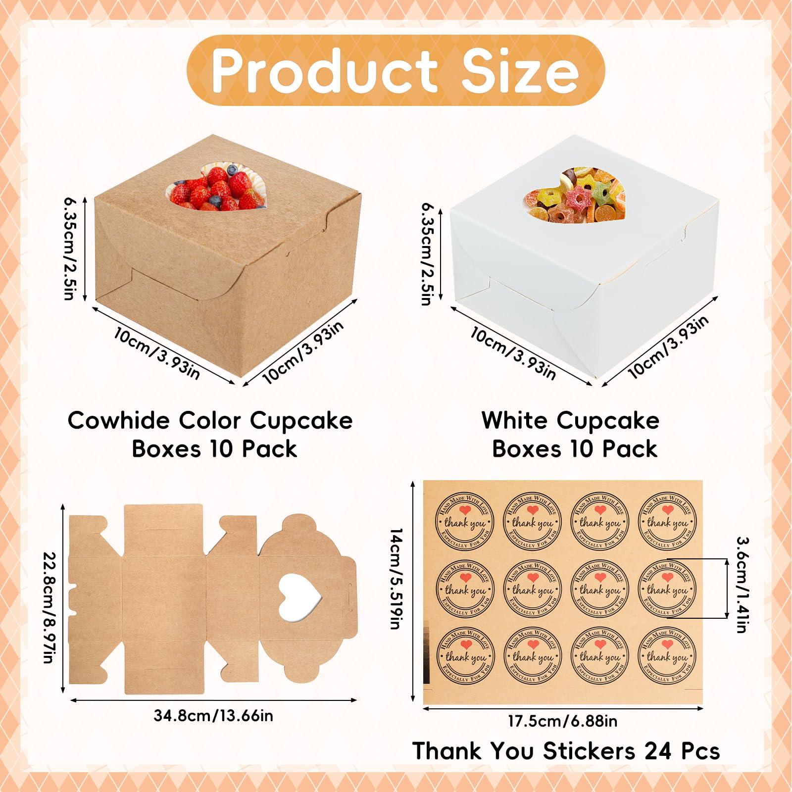 TAIXING 20 Pcs Individual Cupcake Boxes, 4 Inch Brown/White Small Cake Boxes with Heart Shape Clear Window - Image 2