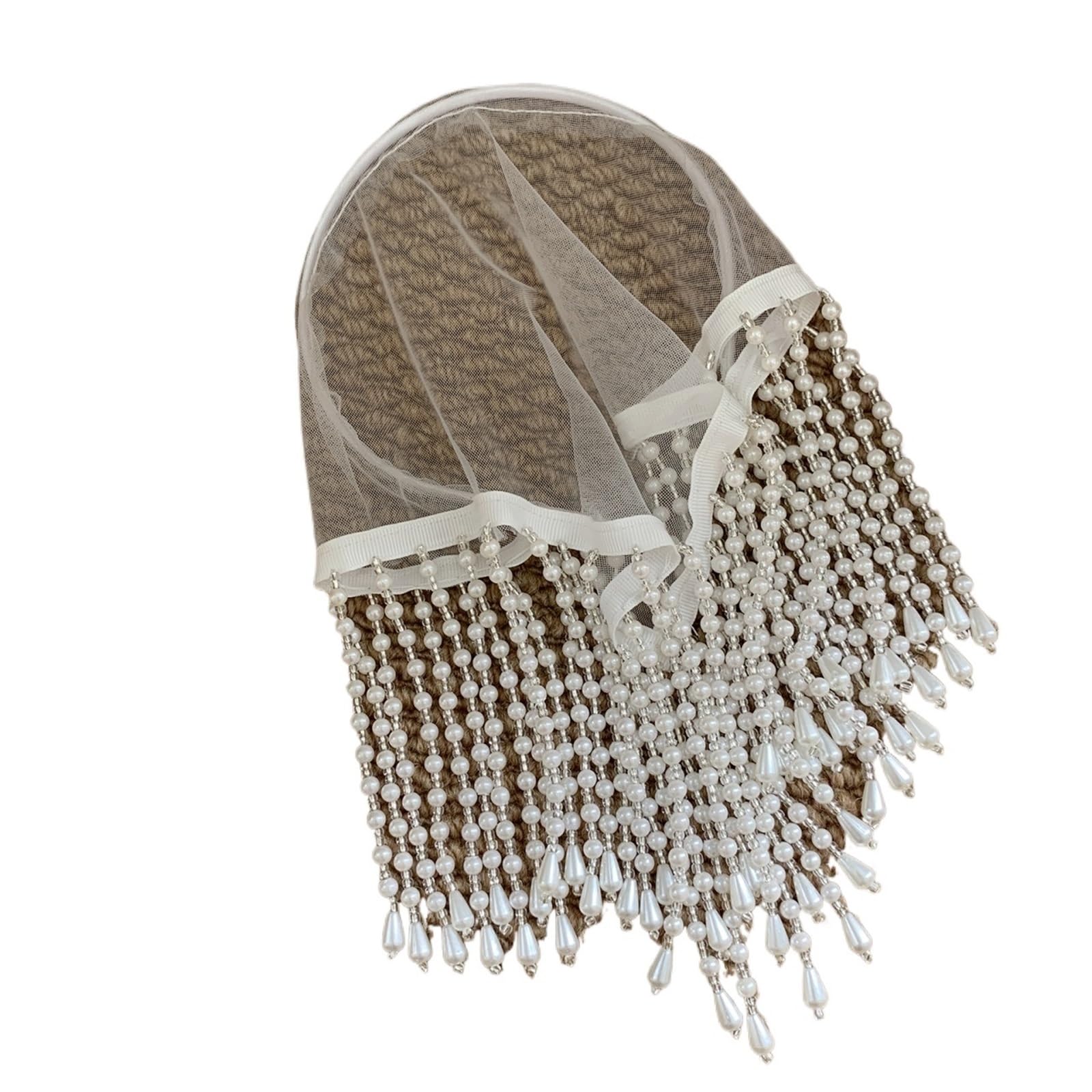Diadema con cadena for el pelo borlas de perlas, tocado for fiesta boda, velo mujer malla blanca