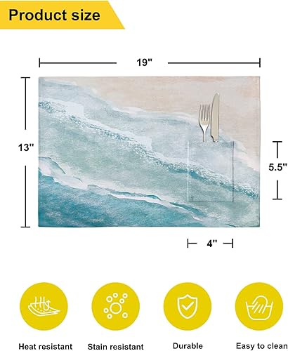 Miniatura 6 de Juego de 6 manteles individuales de playa de verano para mesa de comedor, manteles individuales tejidos náuticos costeros con bolsillo para vajilla,