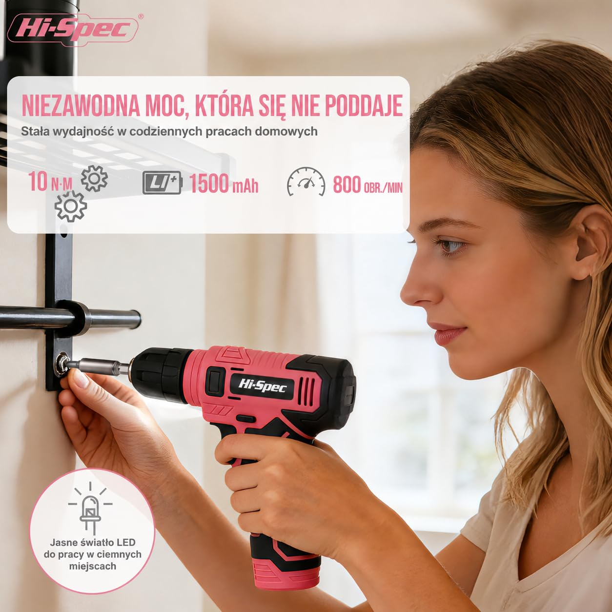 Hi-Spec Różowa Wiertarko-Wkrętarka Akumulatorowa 8V USB z Zestawem Bitów – Bezprzewodowy Elektrowkrętak dla Kobiet z Zestawem do Montażu Ściennego