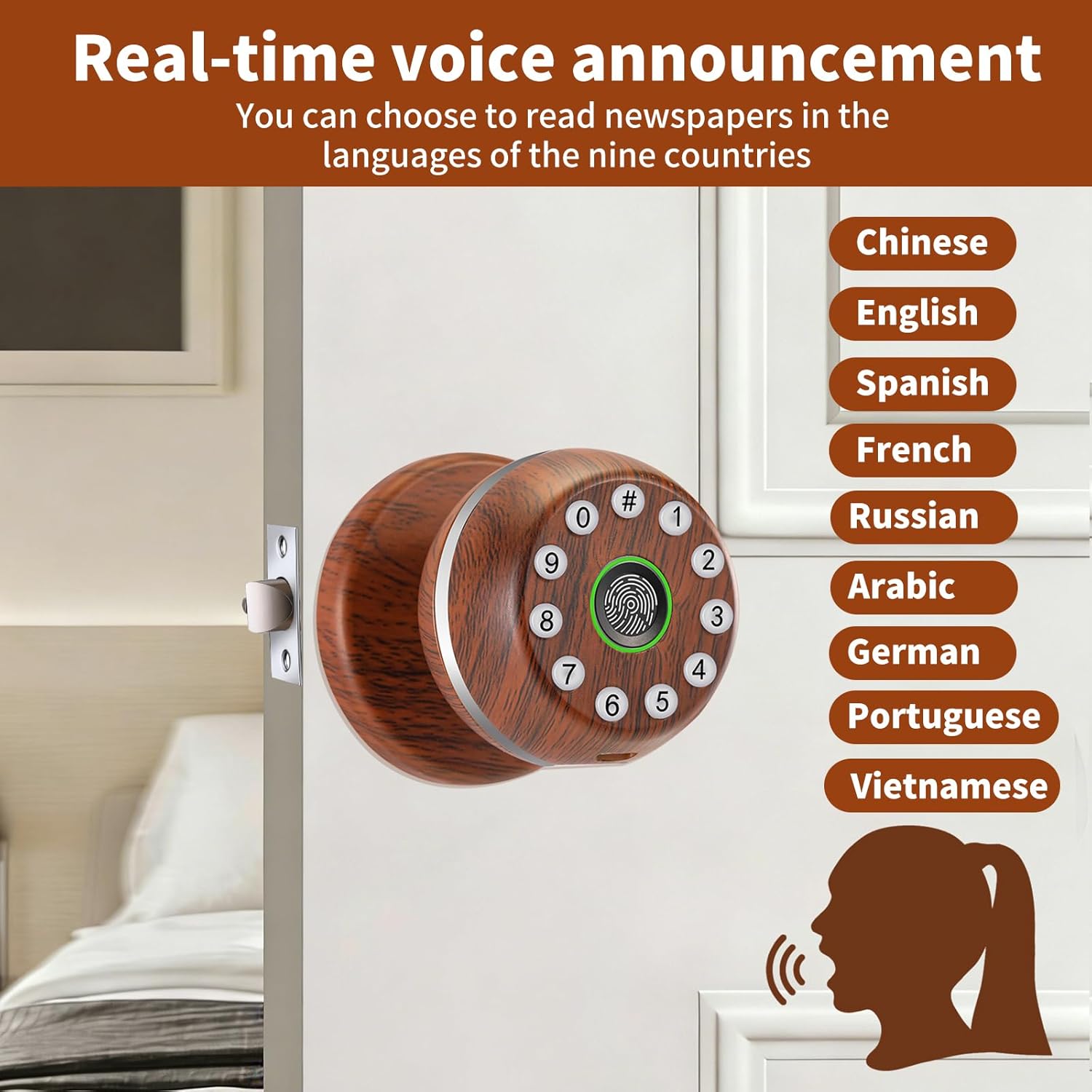 Fingerprint Door Lock, Smart Door Knob with Keypad, Finger Print Biometric Door knobs with App Control, Keyless Smart Door Lock for Bedrooms, Hotel, Office, Apartment, Real-Person Voice Prompts