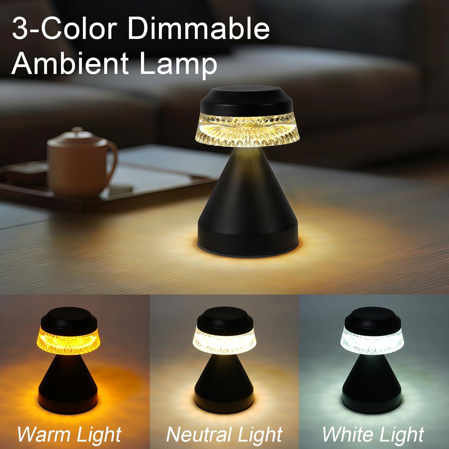 Rechargeable Cordless Table Lamp, Battery Operated Table Light | 3 Color | Stepless Dimming, for Bedroom, Cafe, Camping, Bar, Dining Table, Restaurant (2 Pack)