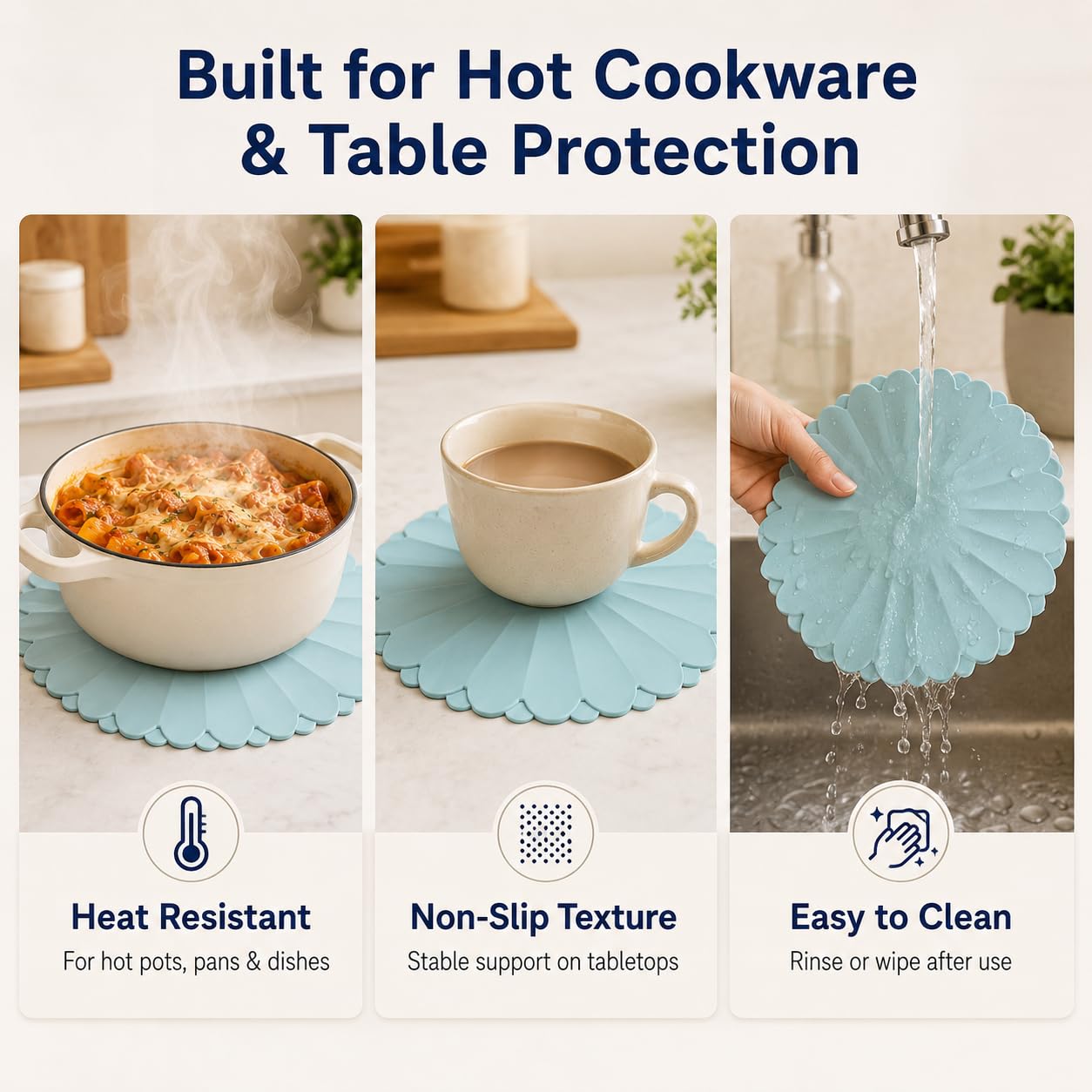 sous-Plats en Silicone Résistants à la Chaleur - Dessous de Plat Anti-Dérapant pour Cuisine et Table (Bleu mer Ciel, Diamètre: 30 cm / 11,81 Pouces (Environ))