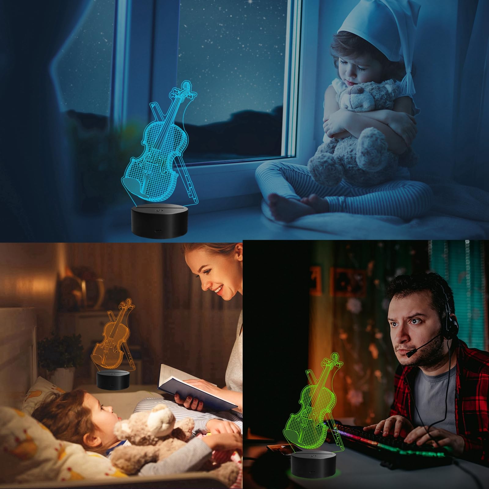 Violin Night Light, Violin Gifts, Cello 3D Illusion Lamp with Remote Control, 16 RGB Colors, 4 Flashing Modes, Timer, Dimmable, Kids Music Room Decor
